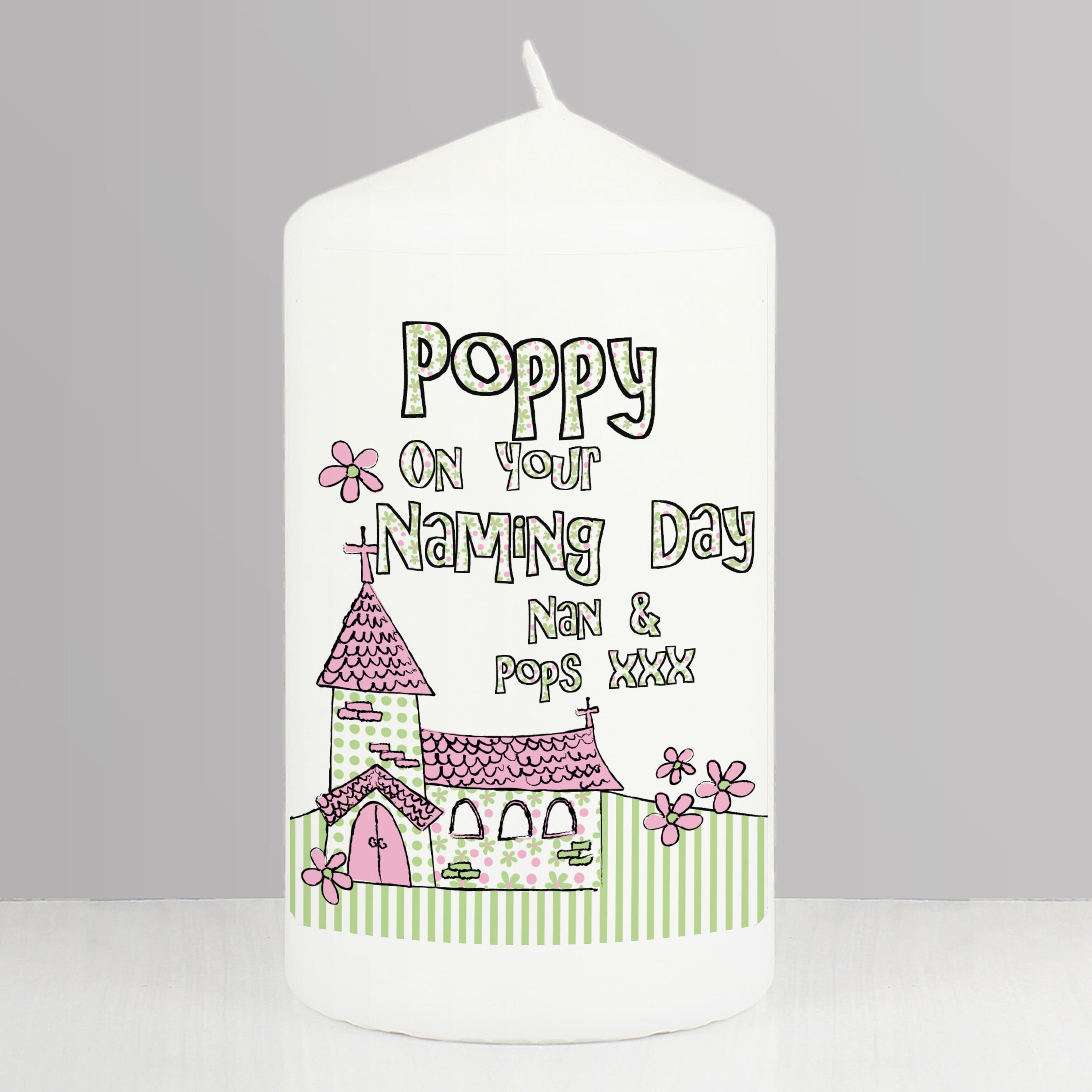 Personalised Pink Church Pillar Candle from Heartfelt Gifts
