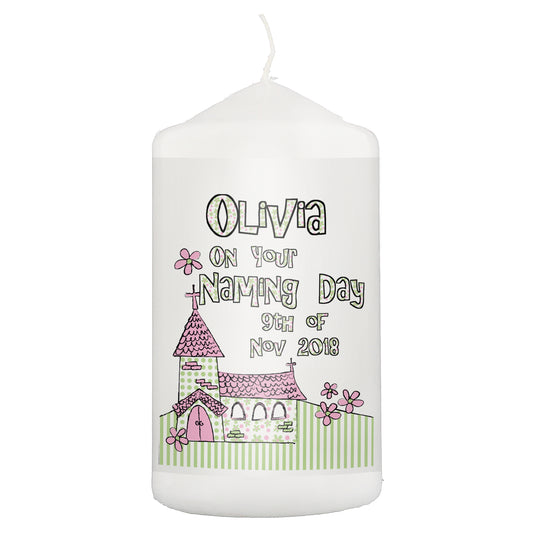 Personalised Pink Church Pillar Candle - image 2