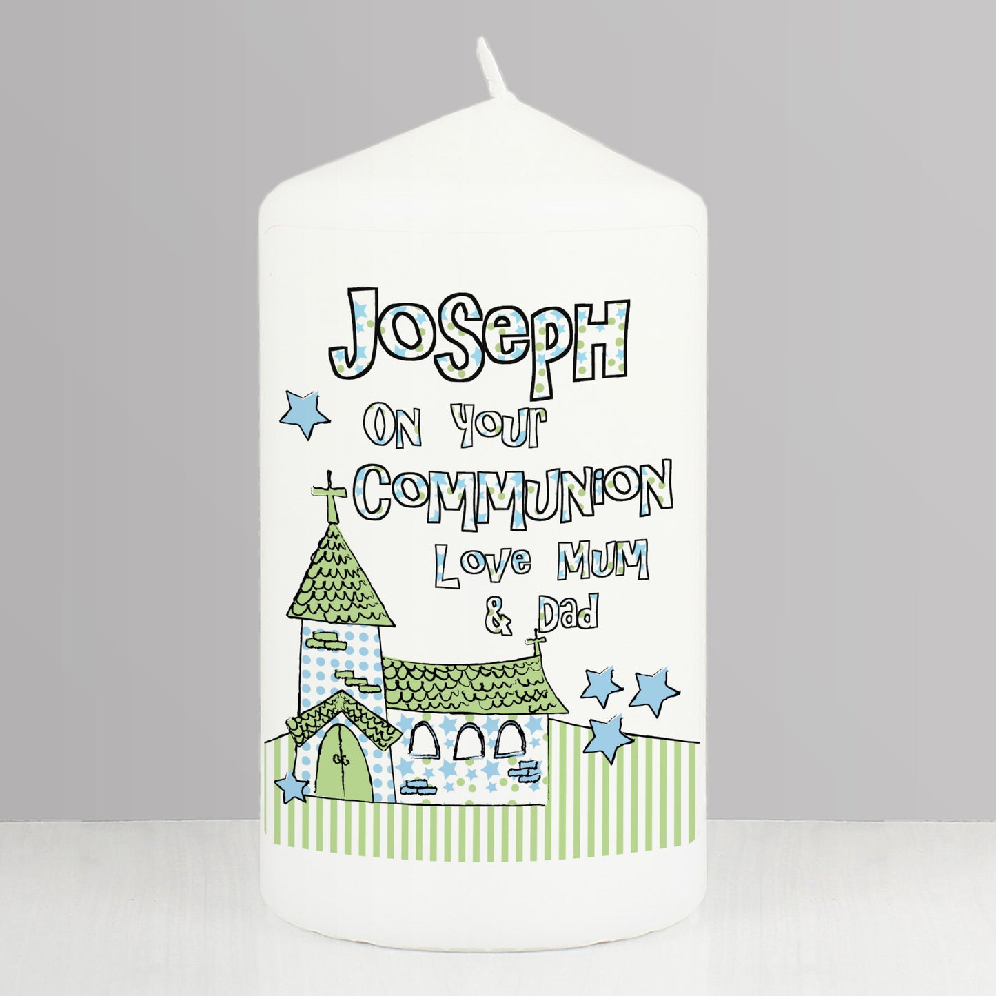 Personalised Blue Church Pillar Candle from Heartfelt Gifts