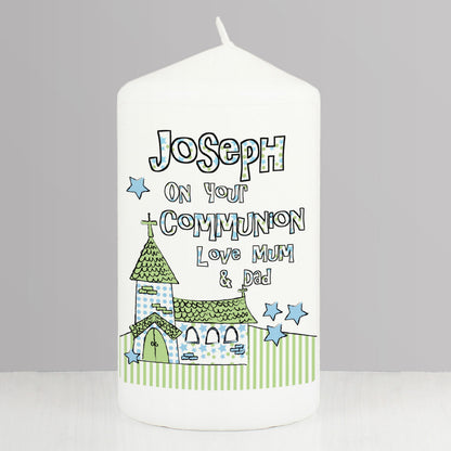 Personalised Blue Church Pillar Candle from Heartfelt Gifts