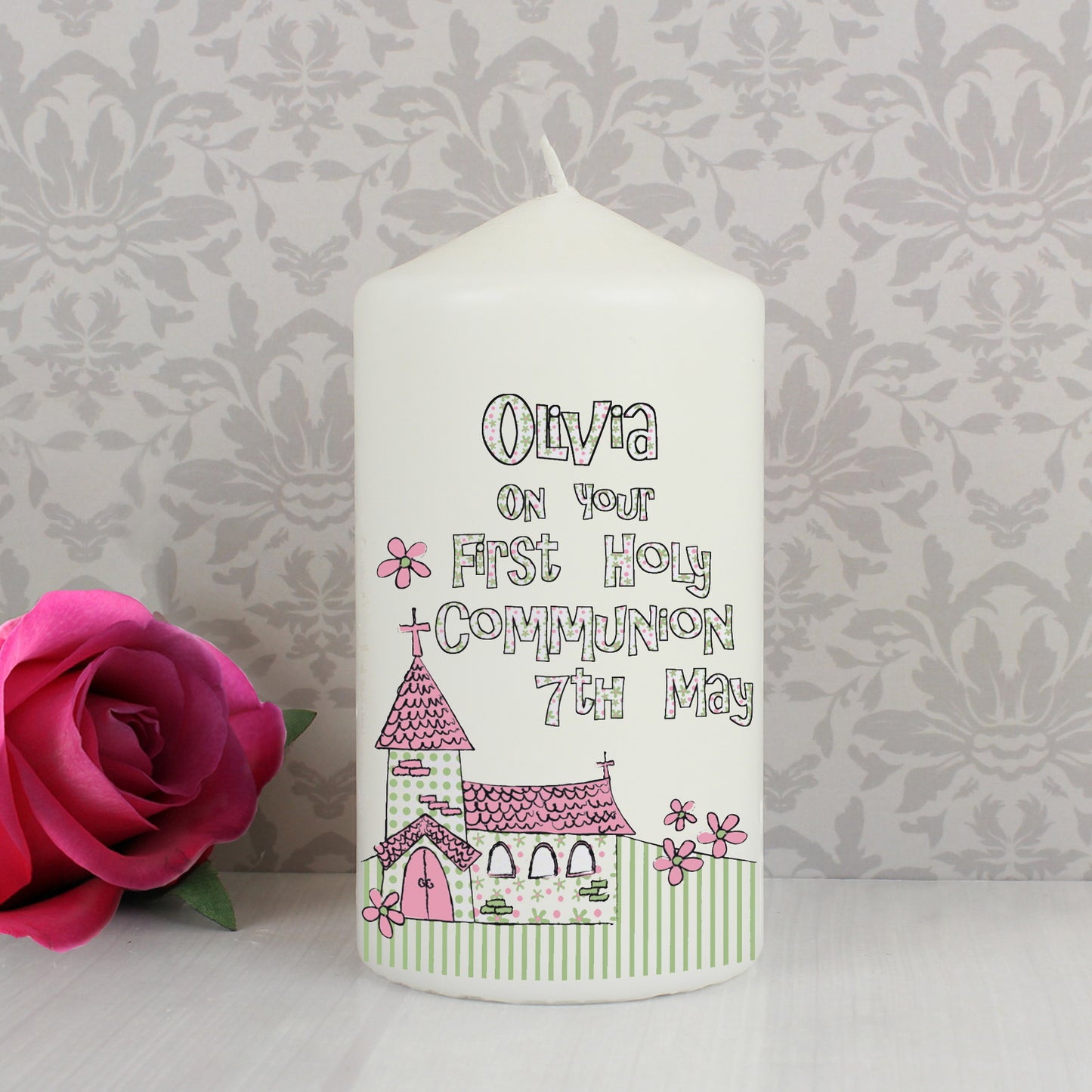Personalised Whimsical Church Pink 1st Holy Communion Pillar Candle from Heartfelt Gifts