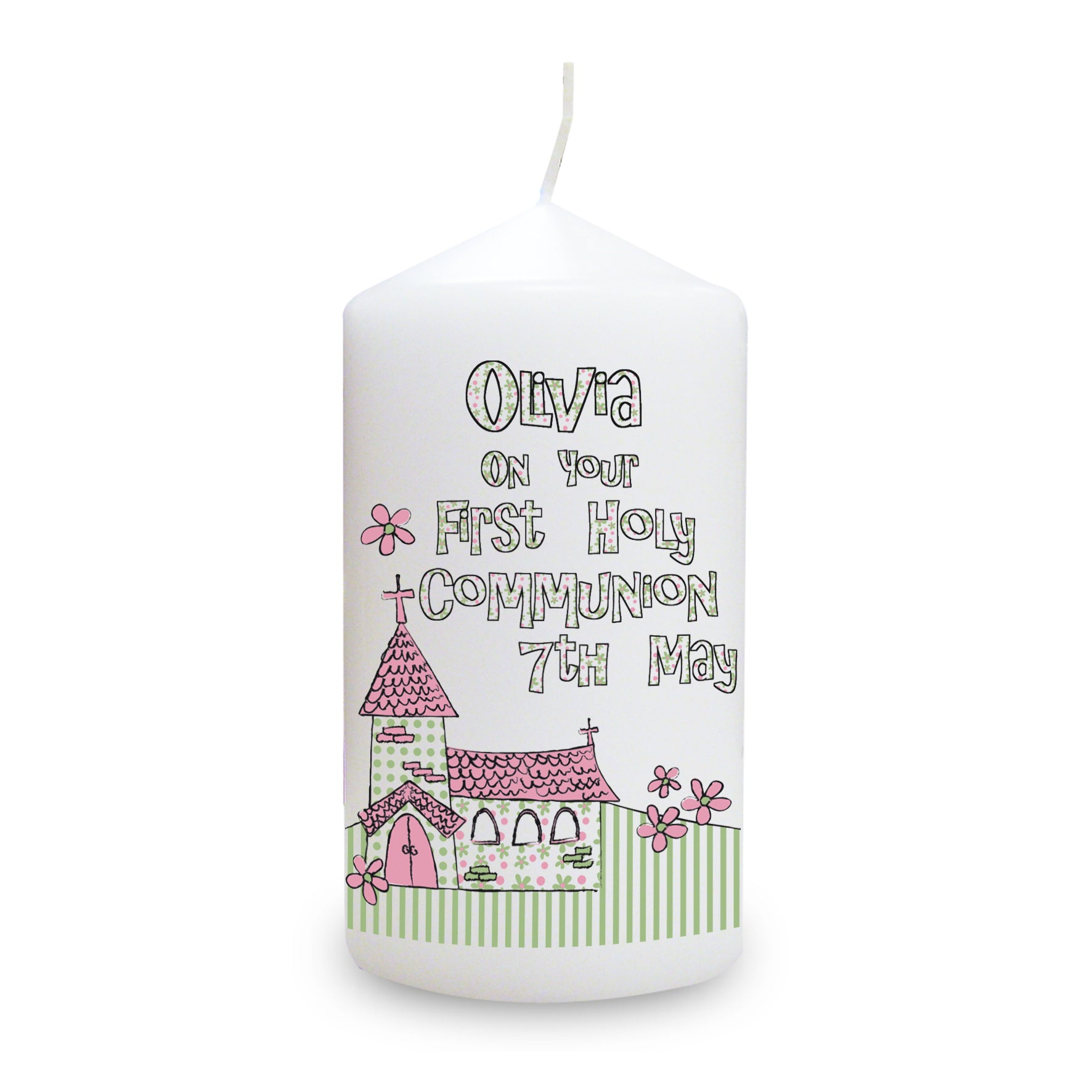 Personalised Whimsical Church Pink 1st Holy Communion Pillar Candle - image 2