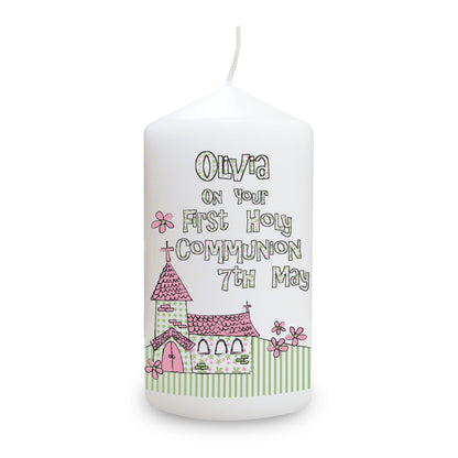 Personalised Whimsical Church Pink 1st Holy Communion Pillar Candle - image 2