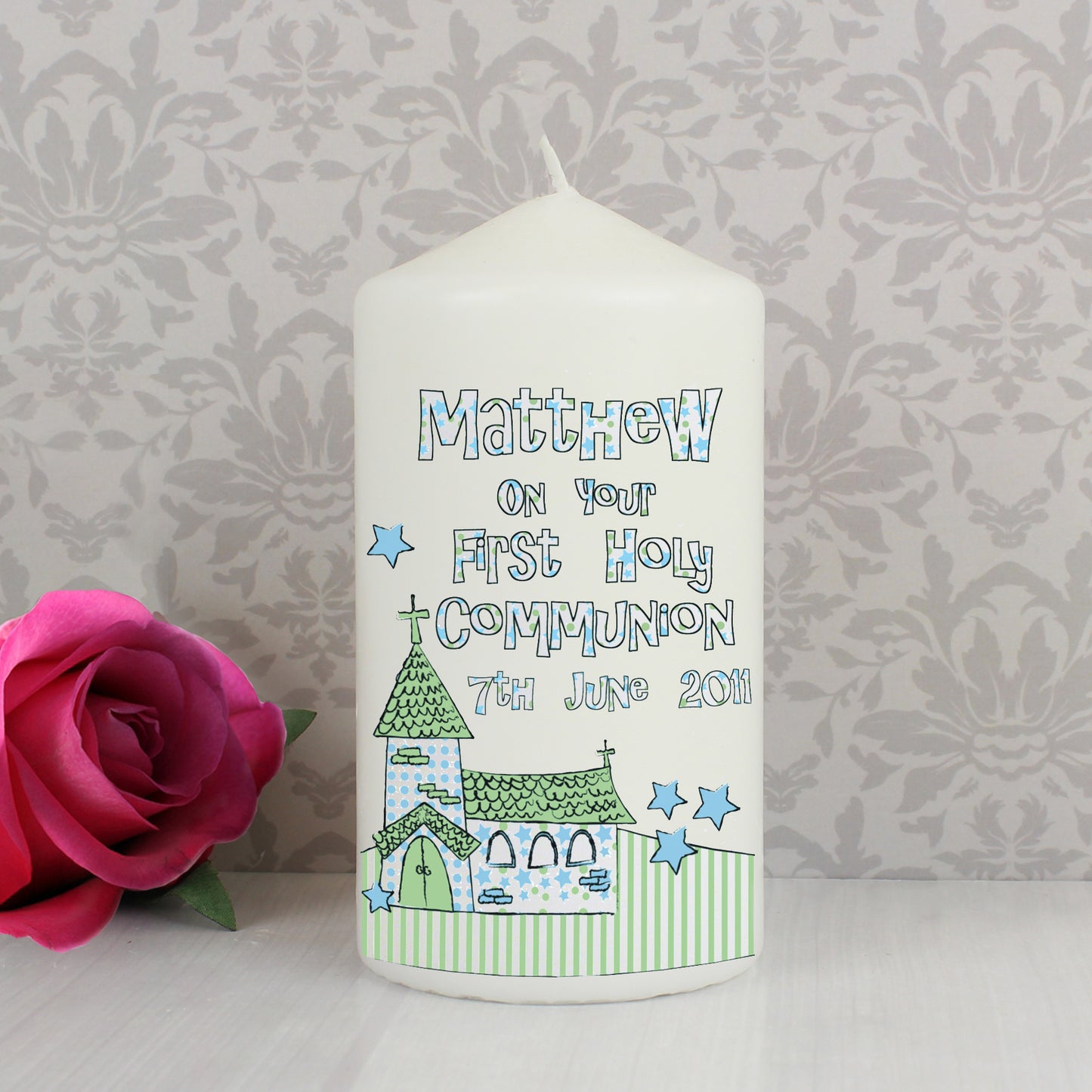 Personalised Whimsical Church Blue 1st Holy Communion Pillar Candle from Heartfelt Gifts