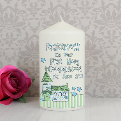 Personalised Whimsical Church Blue 1st Holy Communion Pillar Candle from Heartfelt Gifts