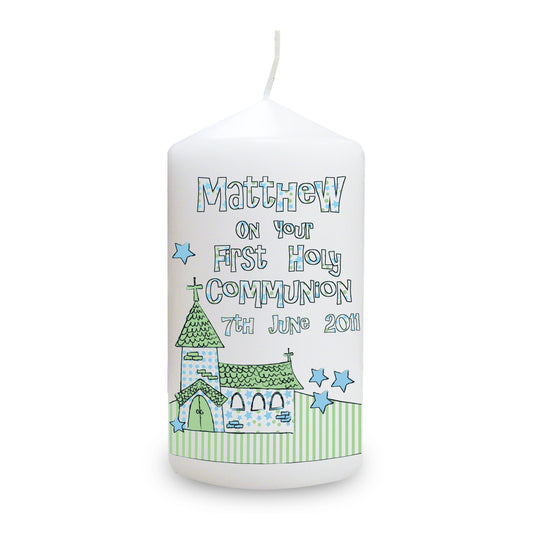 Personalised Whimsical Church Blue 1st Holy Communion Pillar Candle - image 2