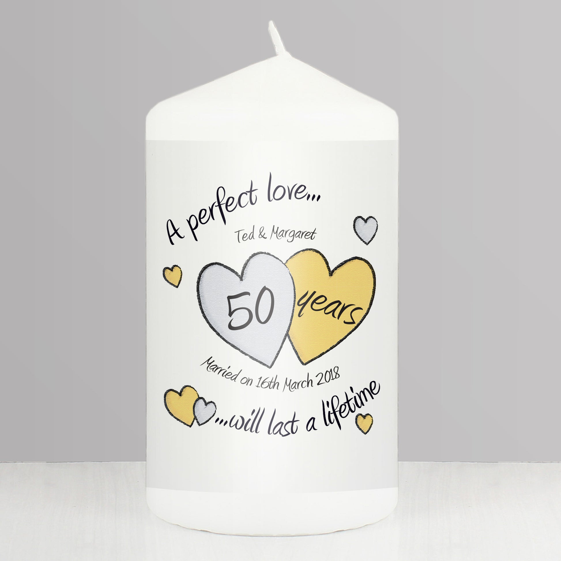 Personalised A Perfect Love Golden Anniversary Pillar Candle from Heartfelt Gifts