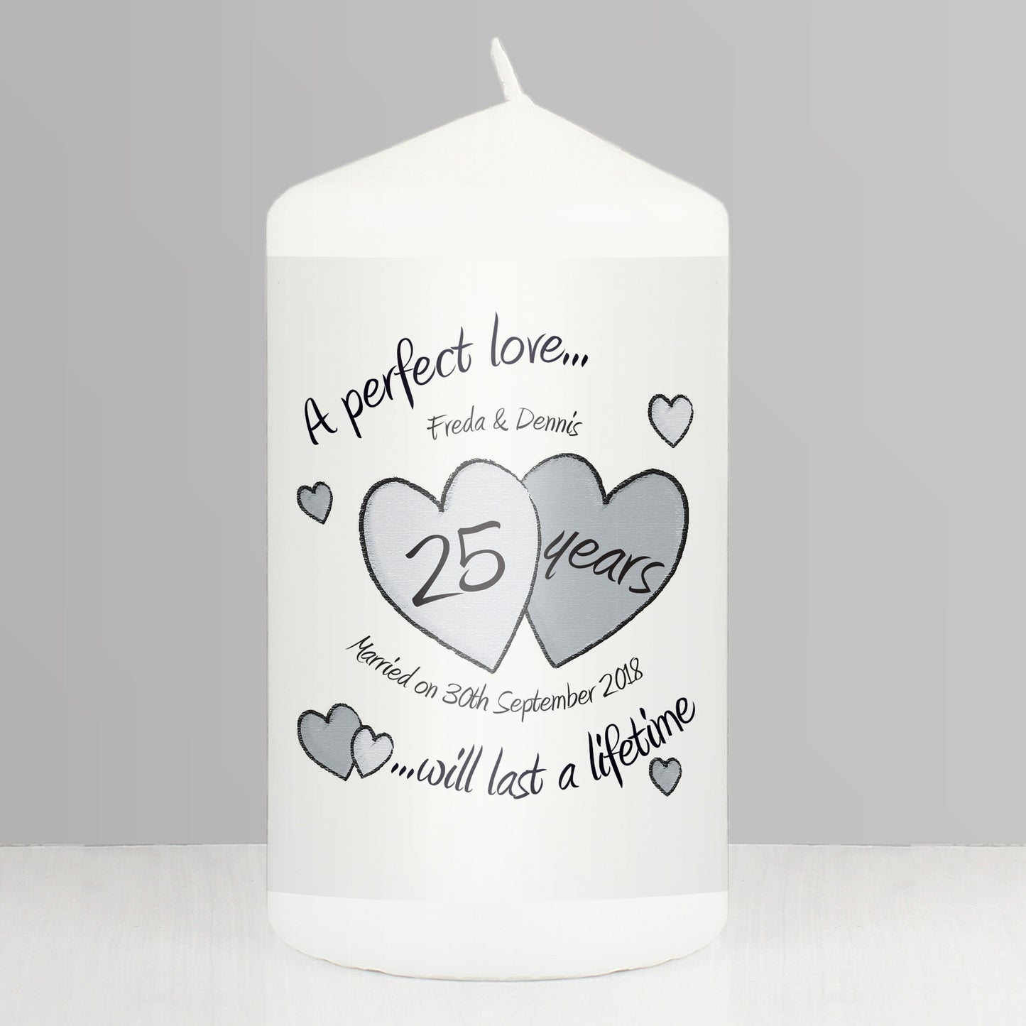 Personalised A Perfect Love Silver Anniversary Pillar Candle from Heartfelt Gifts