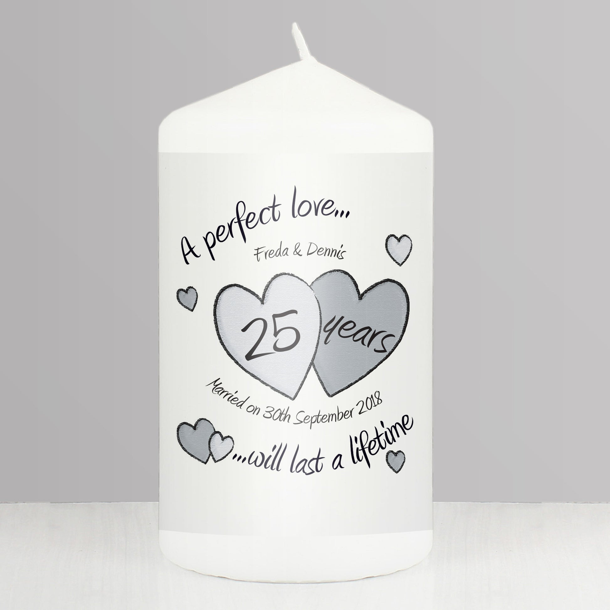 Personalised A Perfect Love Silver Anniversary Pillar Candle from Heartfelt Gifts