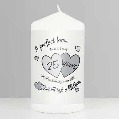 Personalised A Perfect Love Silver Anniversary Pillar Candle from Heartfelt Gifts