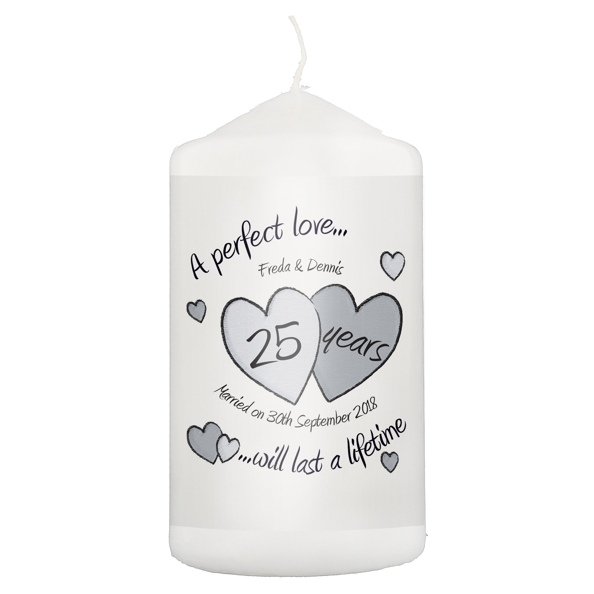 Personalised A Perfect Love Silver Anniversary Pillar Candle - image 2