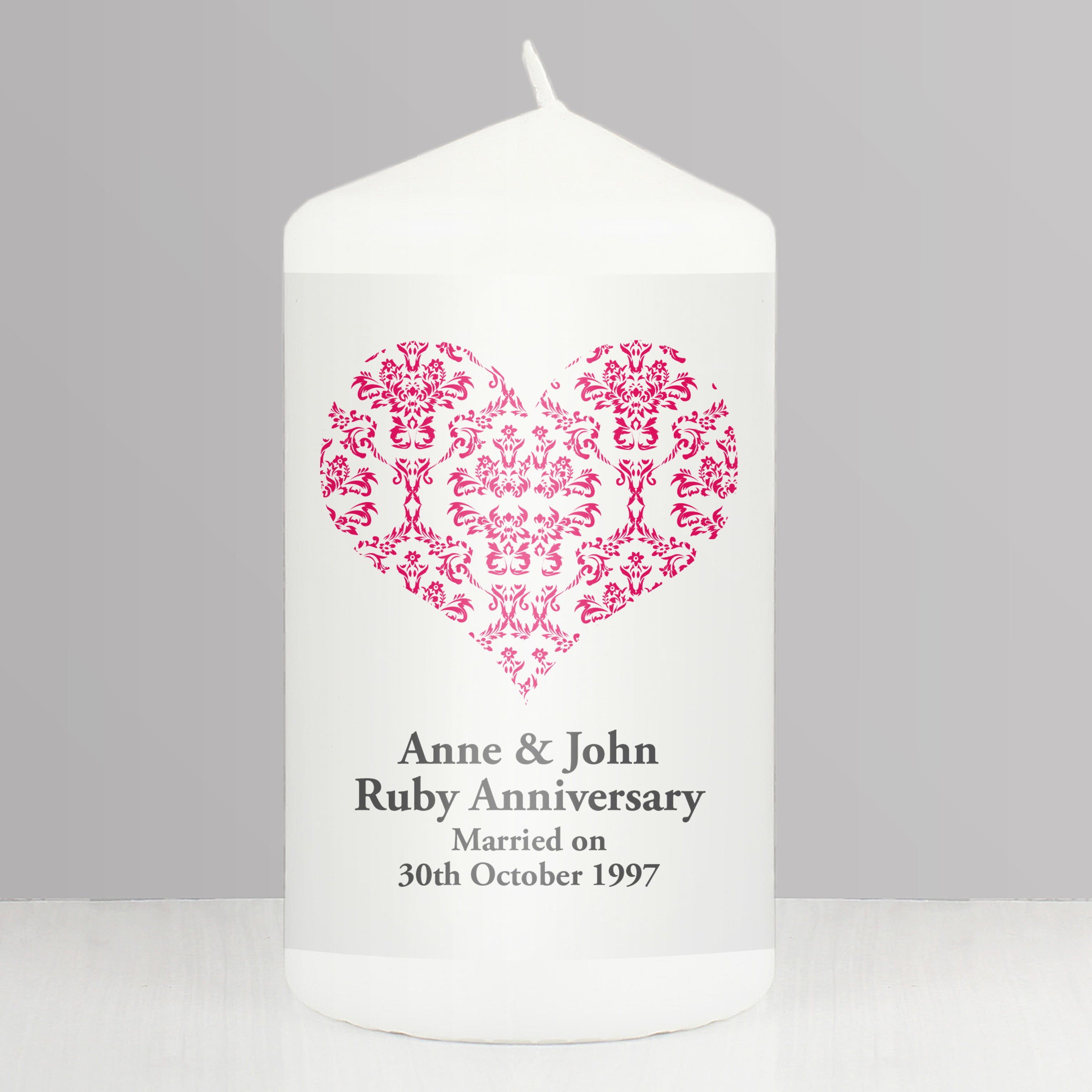Personalised Ruby Damask Heart Pillar Candle from Heartfelt Gifts
