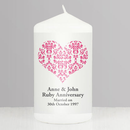 Personalised Ruby Damask Heart Pillar Candle from Heartfelt Gifts
