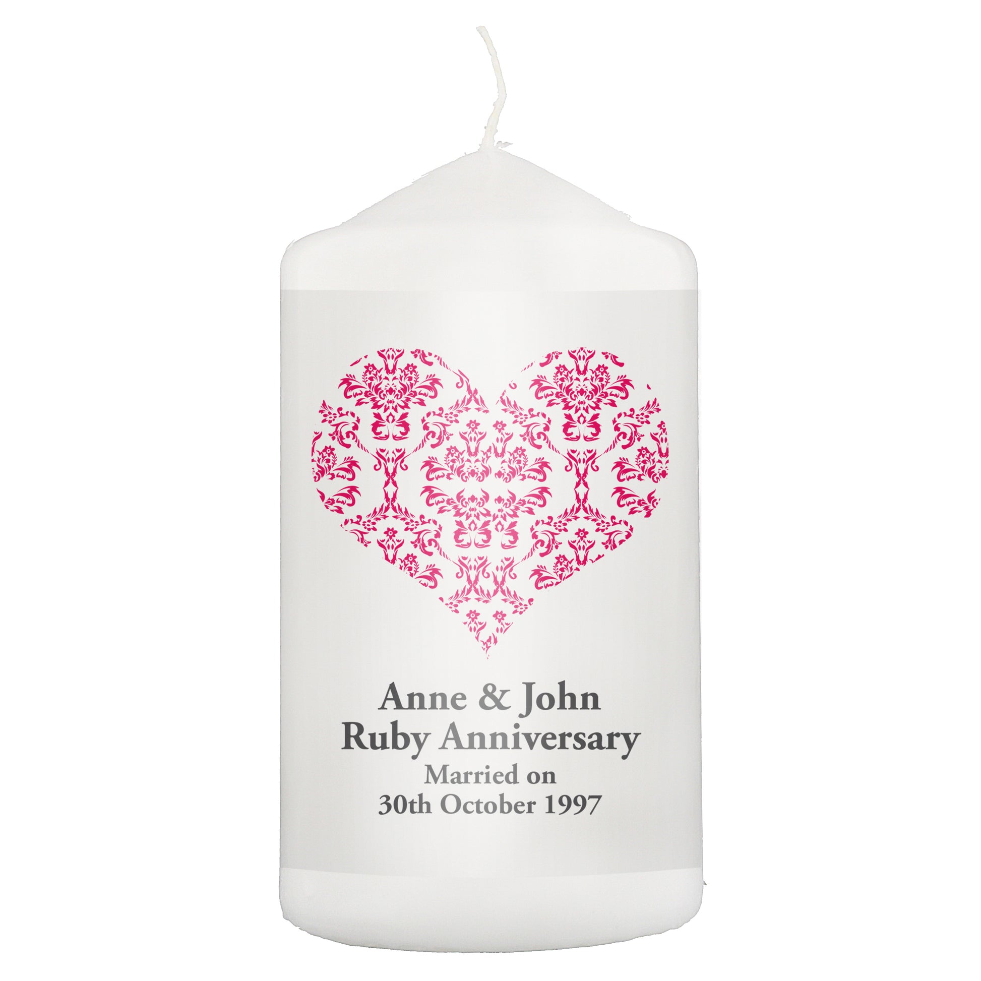 Personalised Ruby Damask Heart Pillar Candle - image 2