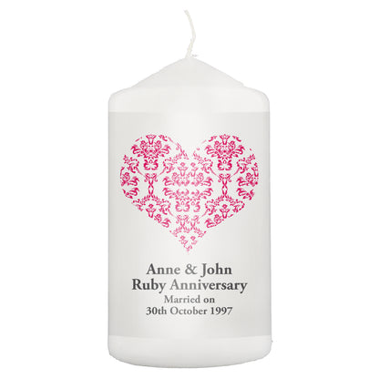 Personalised Ruby Damask Heart Pillar Candle - image 2