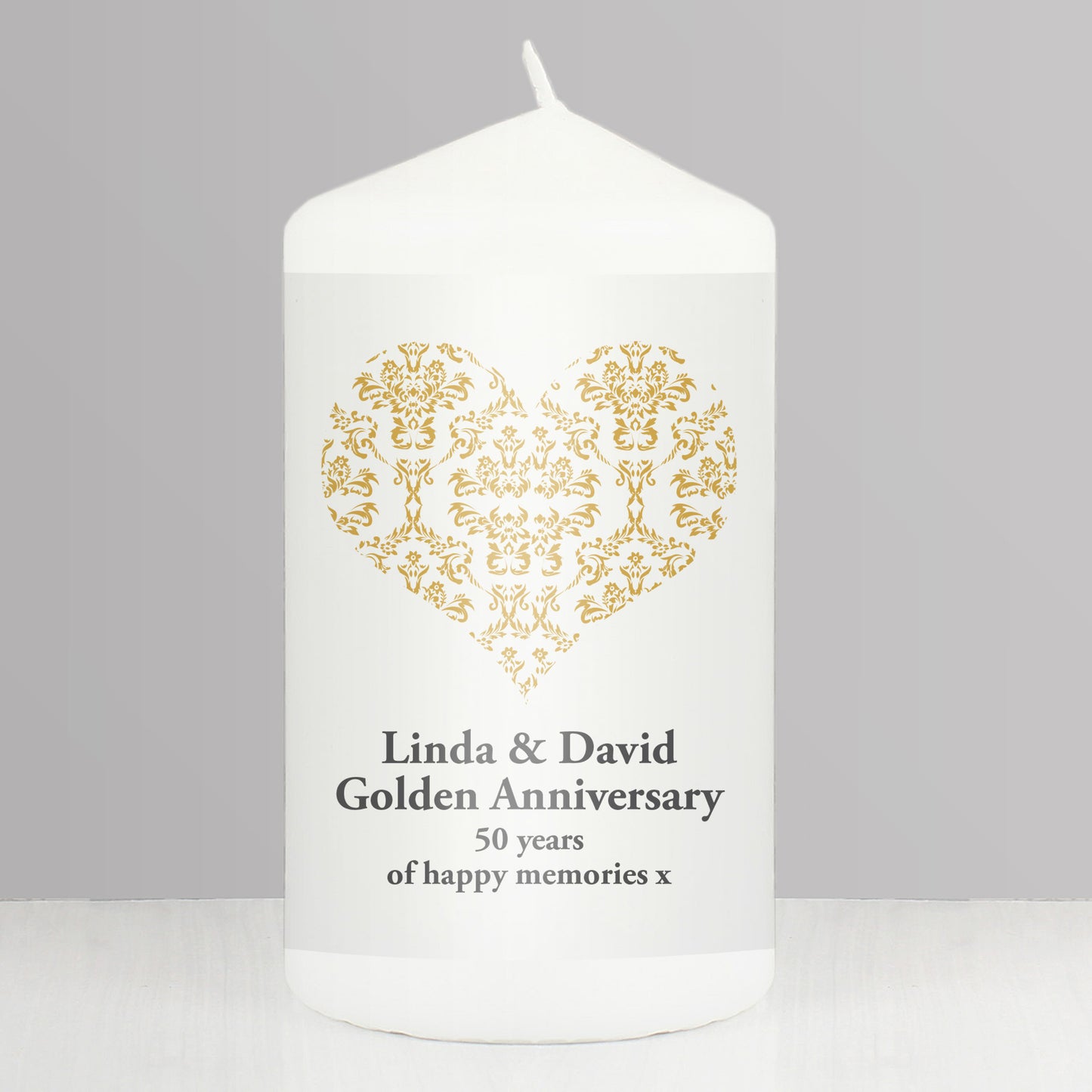 Personalised Gold Damask Heart Pillar Candle from Heartfelt Gifts