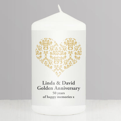 Personalised Gold Damask Heart Pillar Candle from Heartfelt Gifts