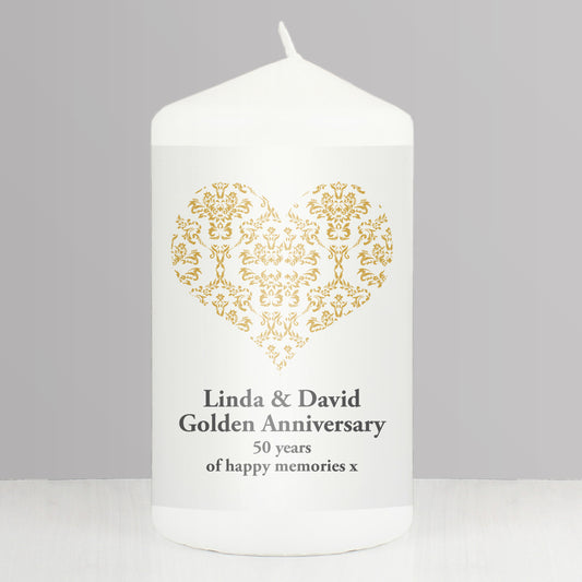 Personalised Gold Damask Heart Pillar Candle from Heartfelt Gifts