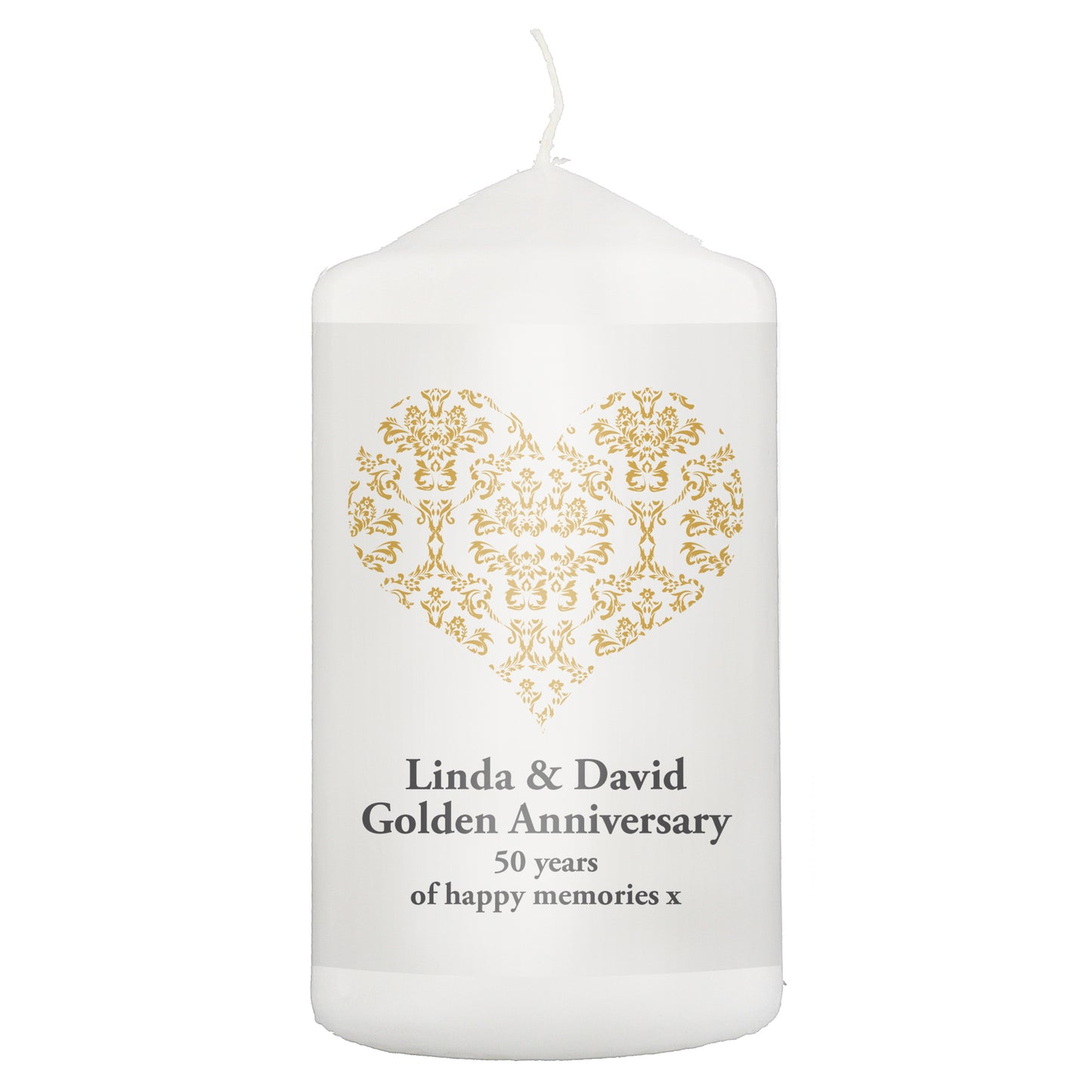 Personalised Gold Damask Heart Pillar Candle - image 2