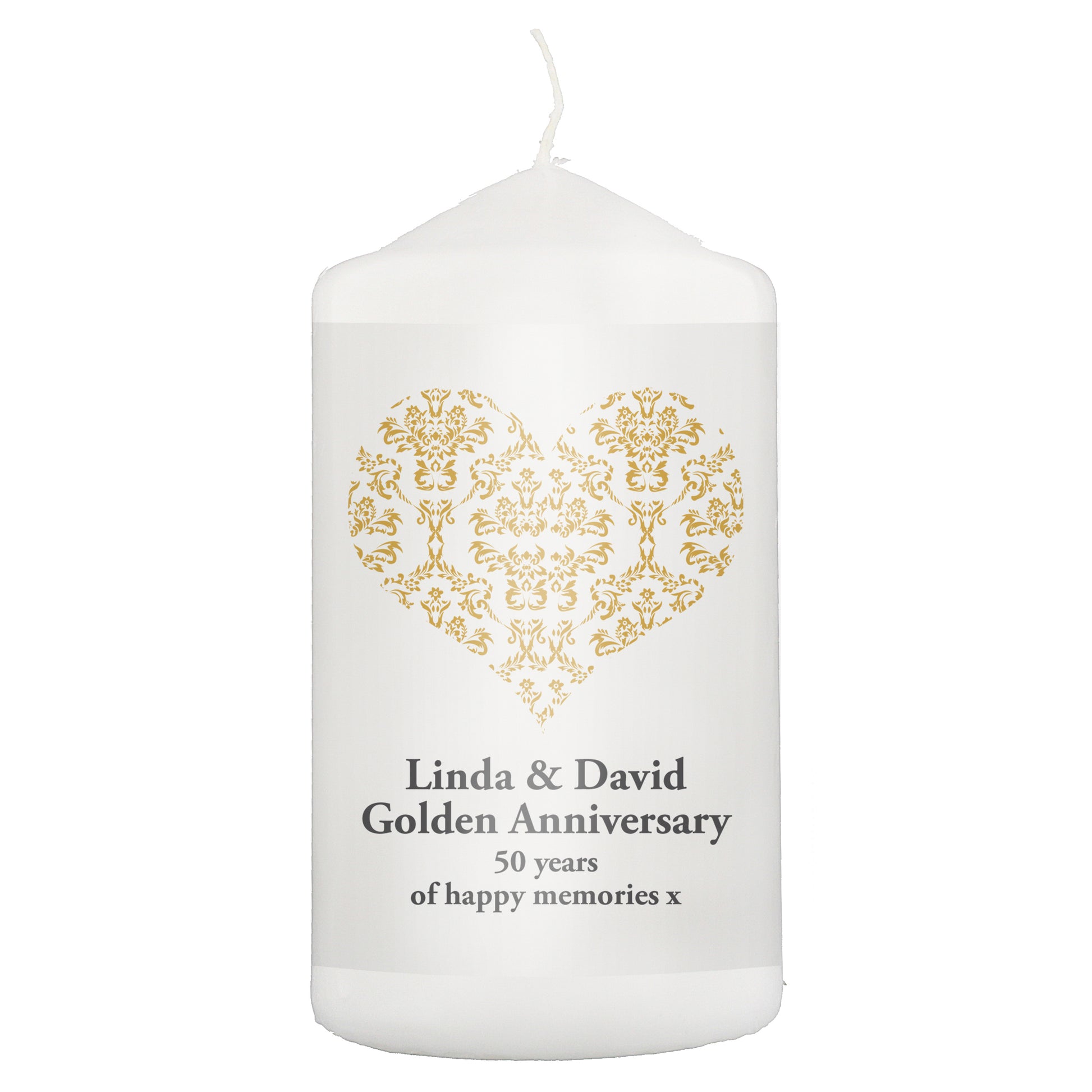 Personalised Gold Damask Heart Pillar Candle - image 2
