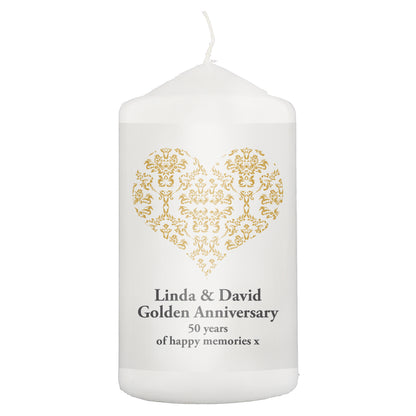 Personalised Gold Damask Heart Pillar Candle - image 2