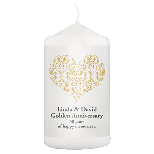 Personalised Gold Damask Heart Pillar Candle - image 2