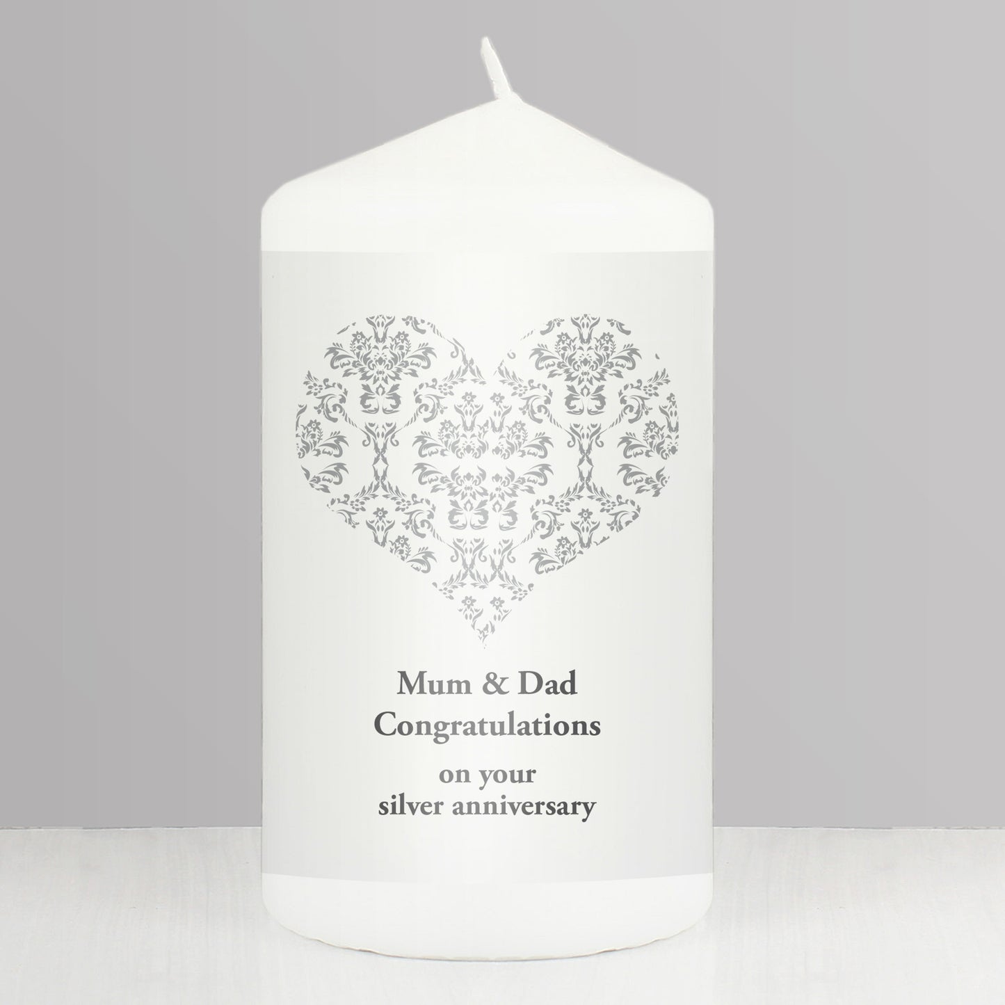 Personalised Silver Damask Heart Pillar Candle from Heartfelt Gifts