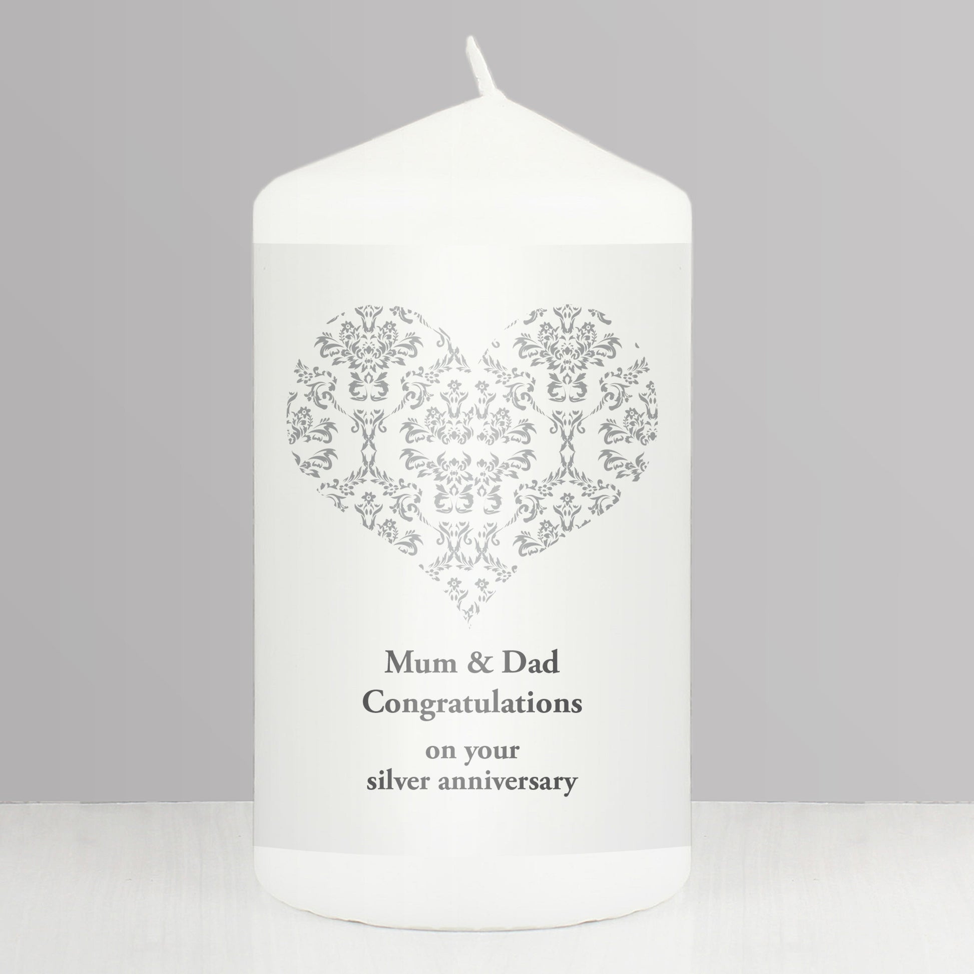 Personalised Silver Damask Heart Pillar Candle from Heartfelt Gifts