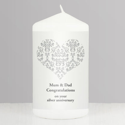 Personalised Silver Damask Heart Pillar Candle from Heartfelt Gifts