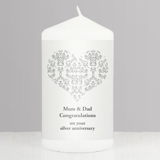 Personalised Silver Damask Heart Pillar Candle from Heartfelt Gifts