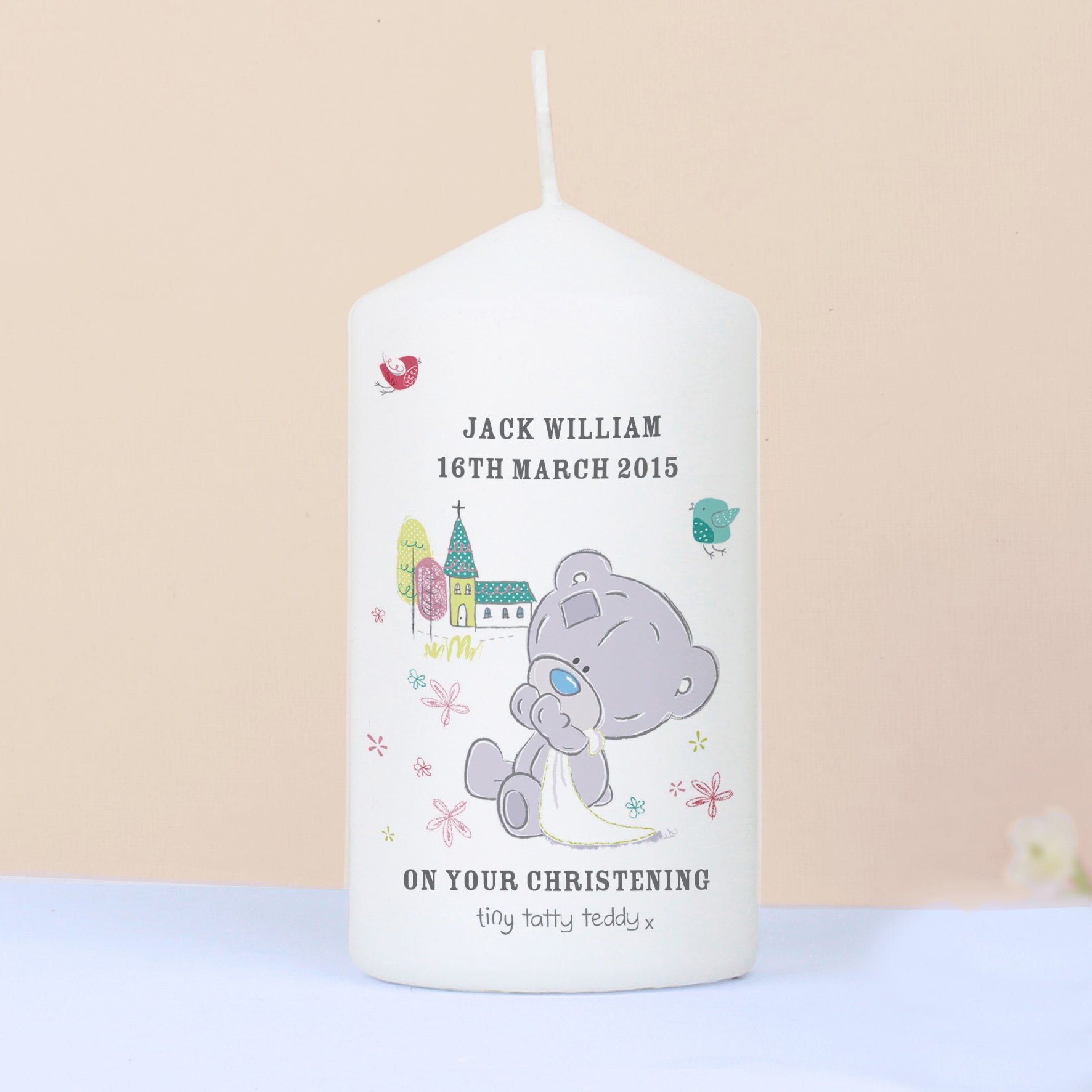 Personalised Tiny Tatty Teddy Christening Pillar Candle from Heartfelt Gifts