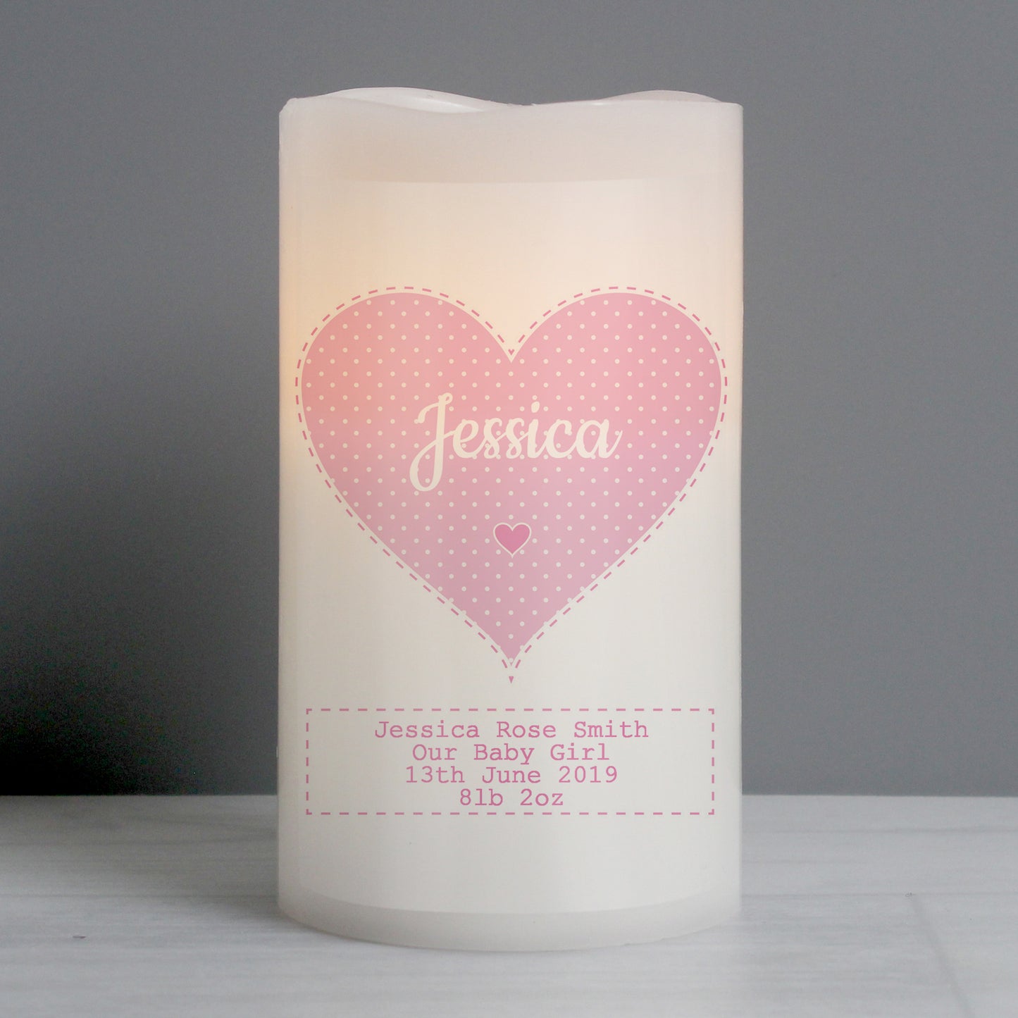 Personalised Stitch & Dot Baby Girl Night Light LED Candle from Heartfelt Gifts