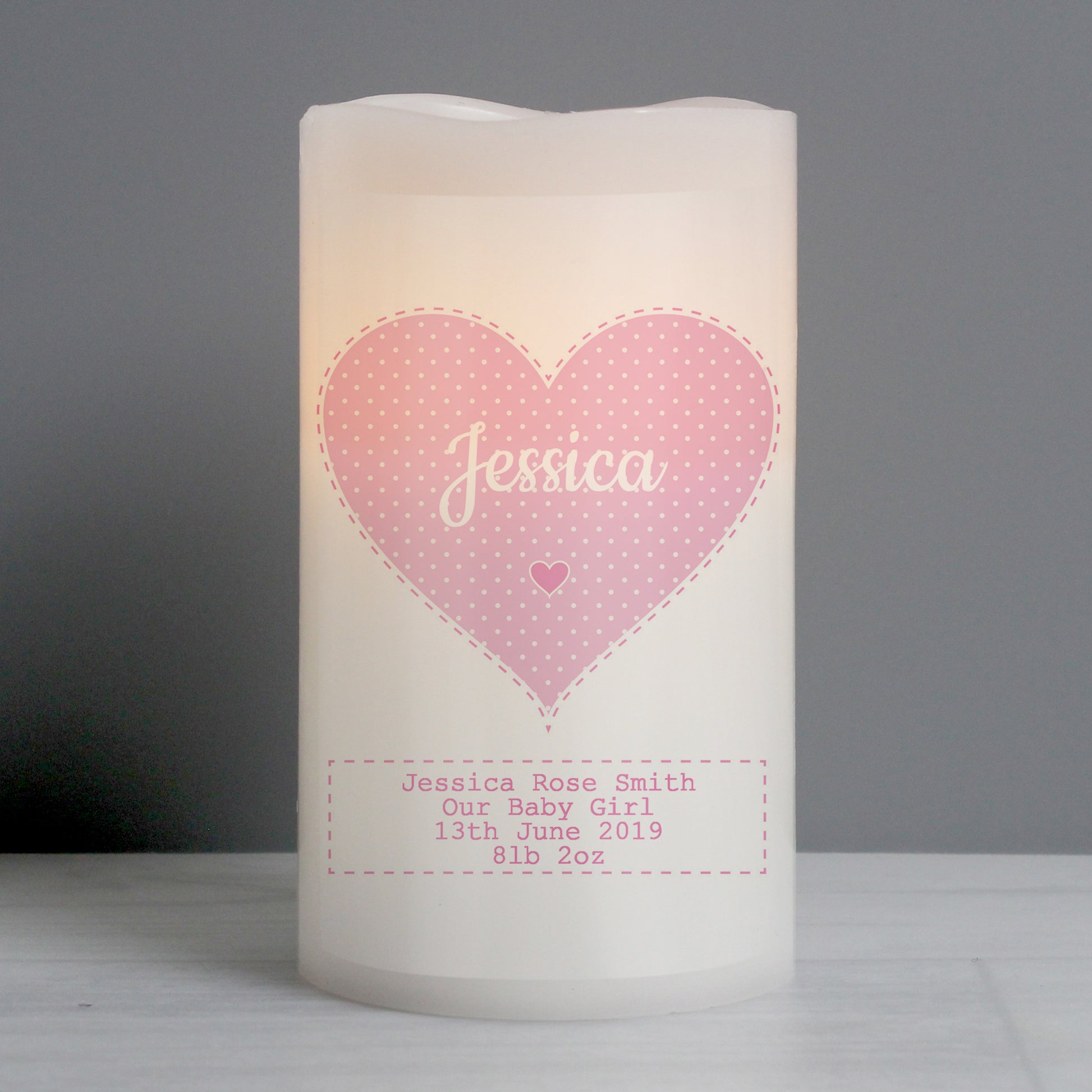 Personalised Stitch & Dot Baby Girl Night Light LED Candle from Heartfelt Gifts