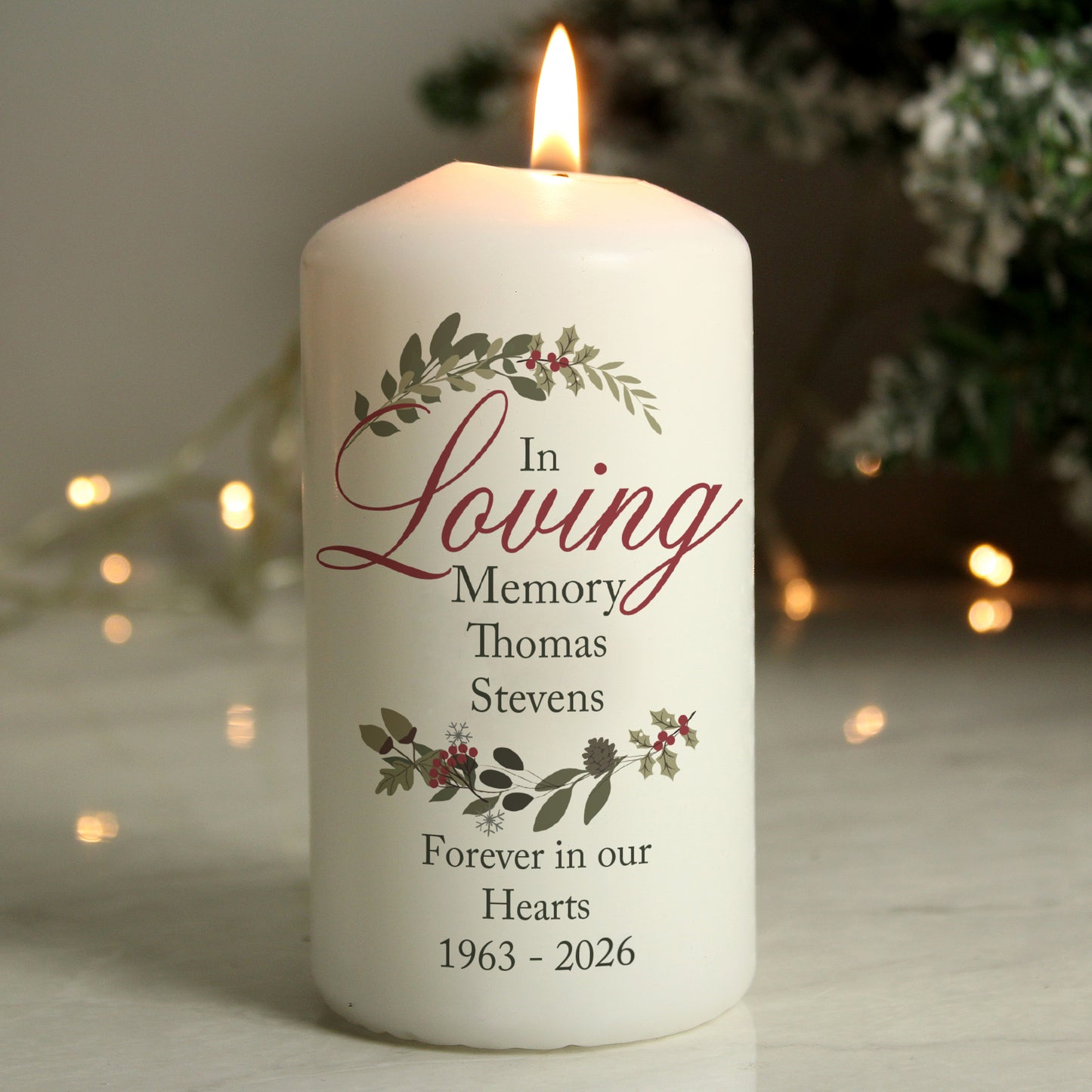 Personalised In Loving Memory Wreath Pillar Candle from Heartfelt Gifts