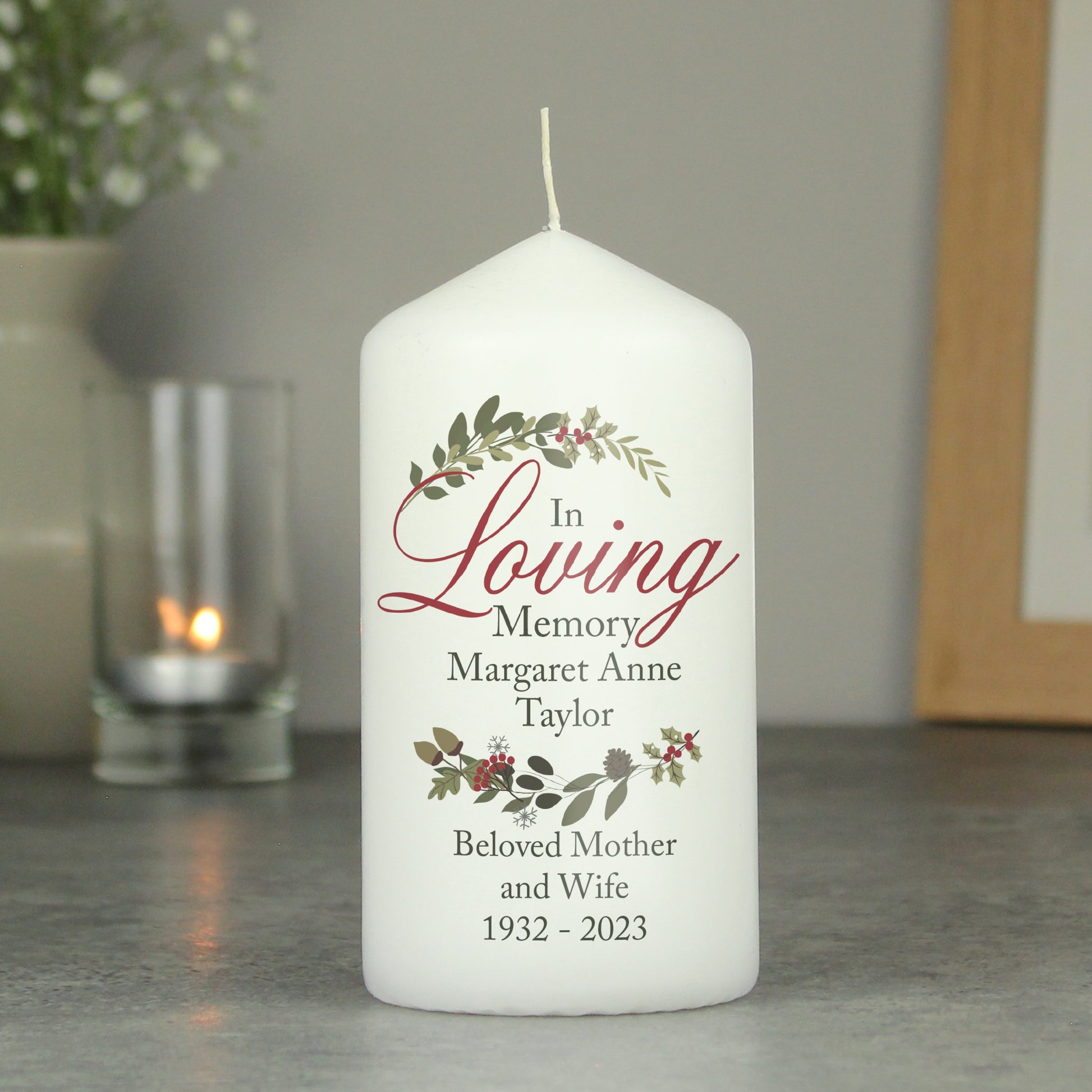 Personalised In Loving Memory Wreath Pillar Candle - image 4