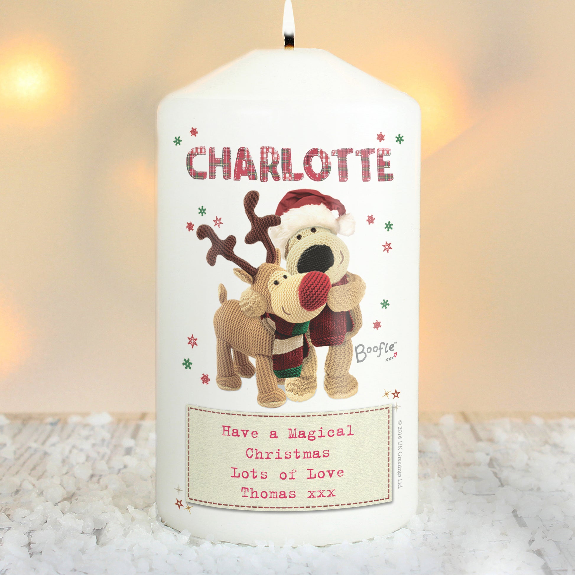 Personalised Boofle Christmas Reindeer Pillar Candle from Heartfelt Gifts