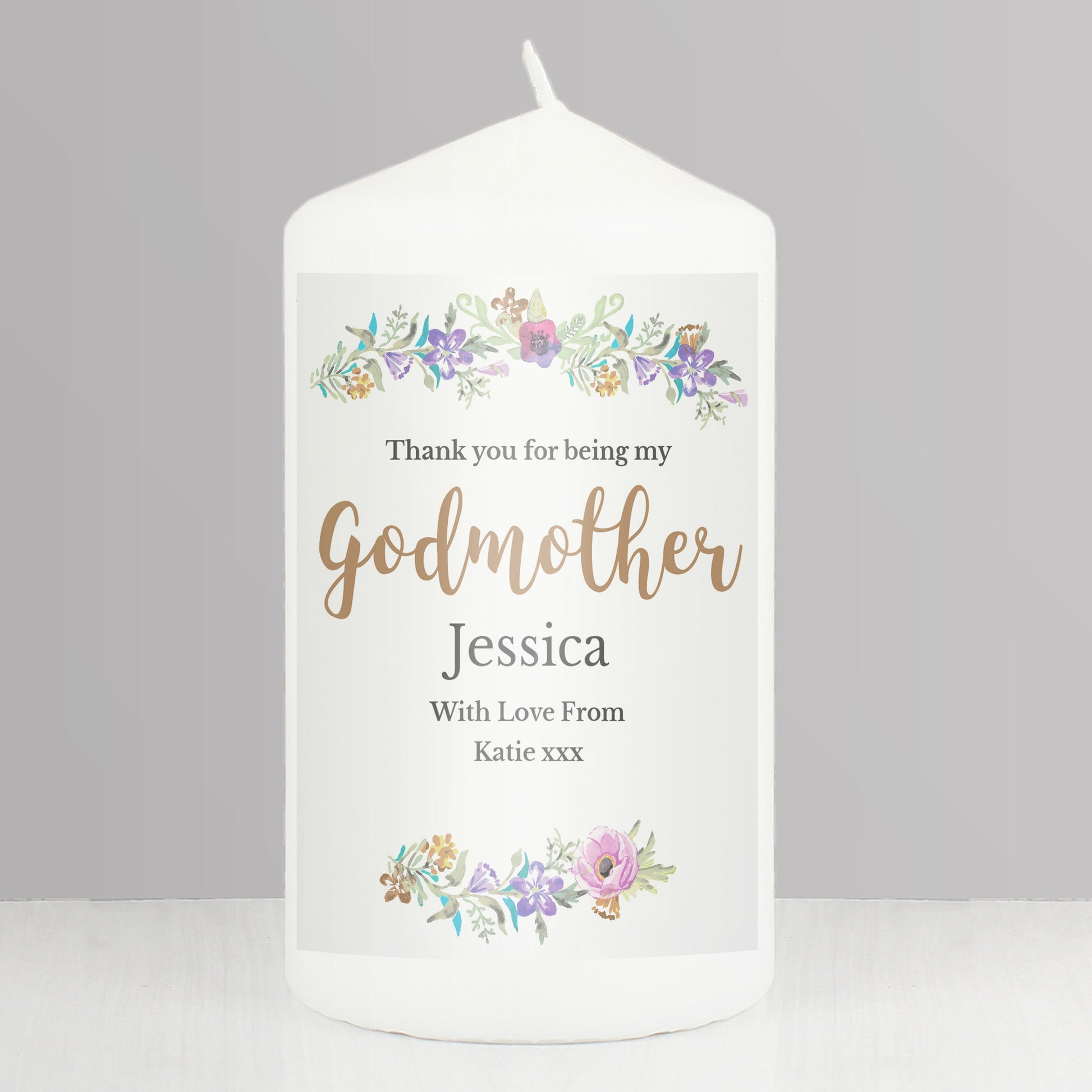 Personalised Godmother 'Floral Watercolour' Pillar Candle from Heartfelt Gifts