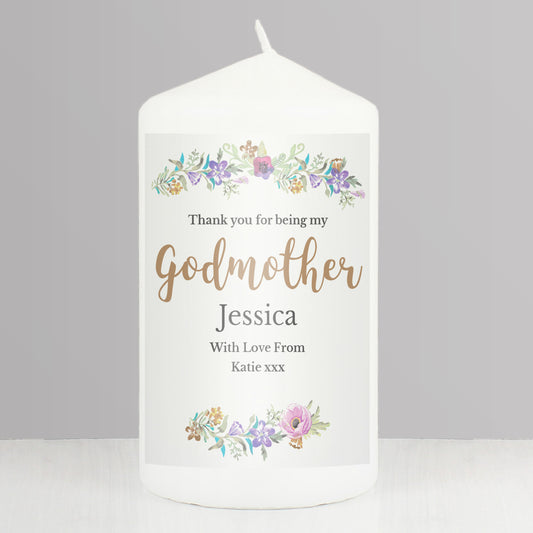 Personalised Godmother 'Floral Watercolour' Pillar Candle from Heartfelt Gifts