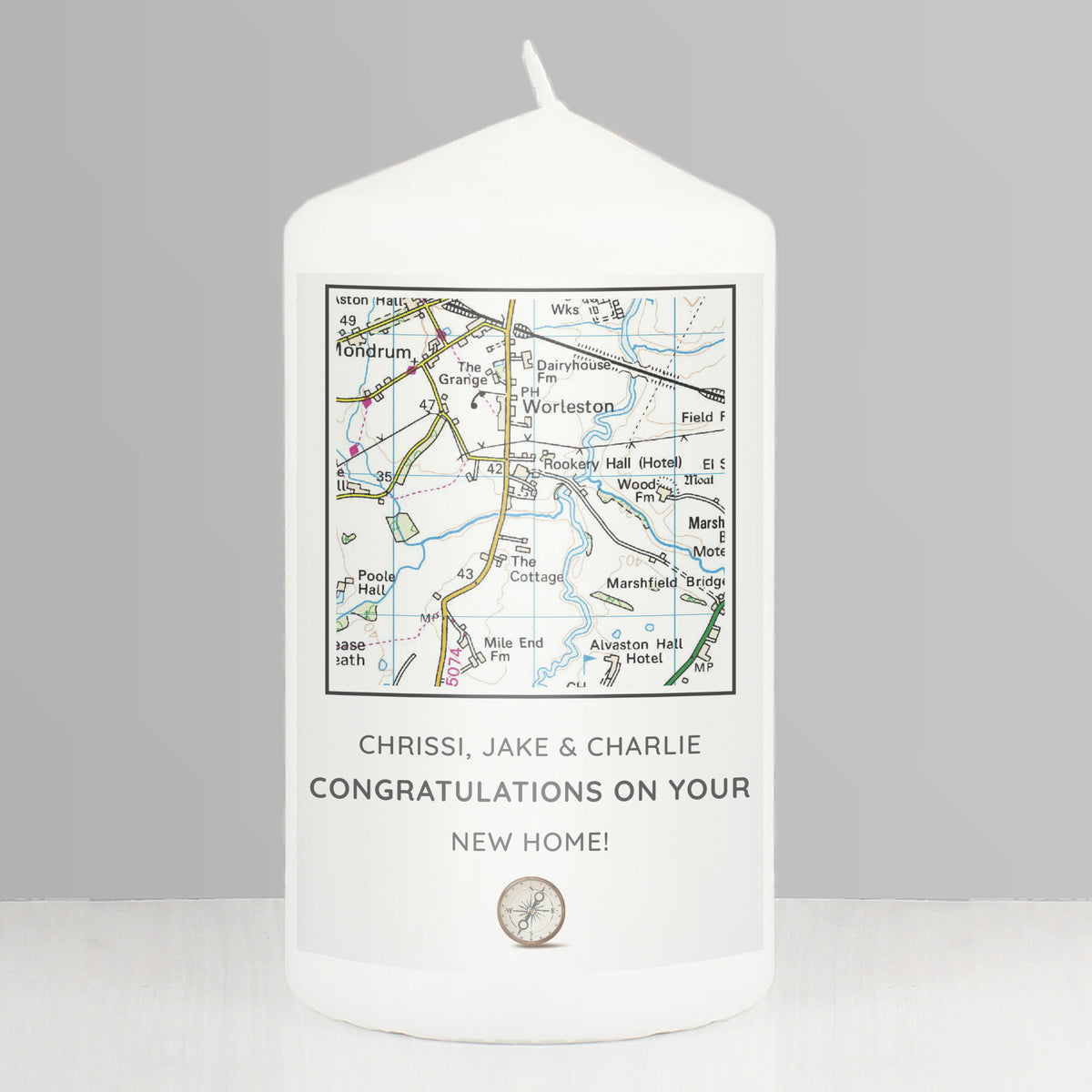 Personalised Present Day Map Compass Pillar Candle from Heartfelt Gifts