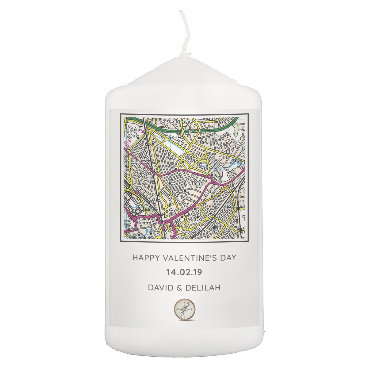 Personalised Present Day Map Compass Pillar Candle - image 2
