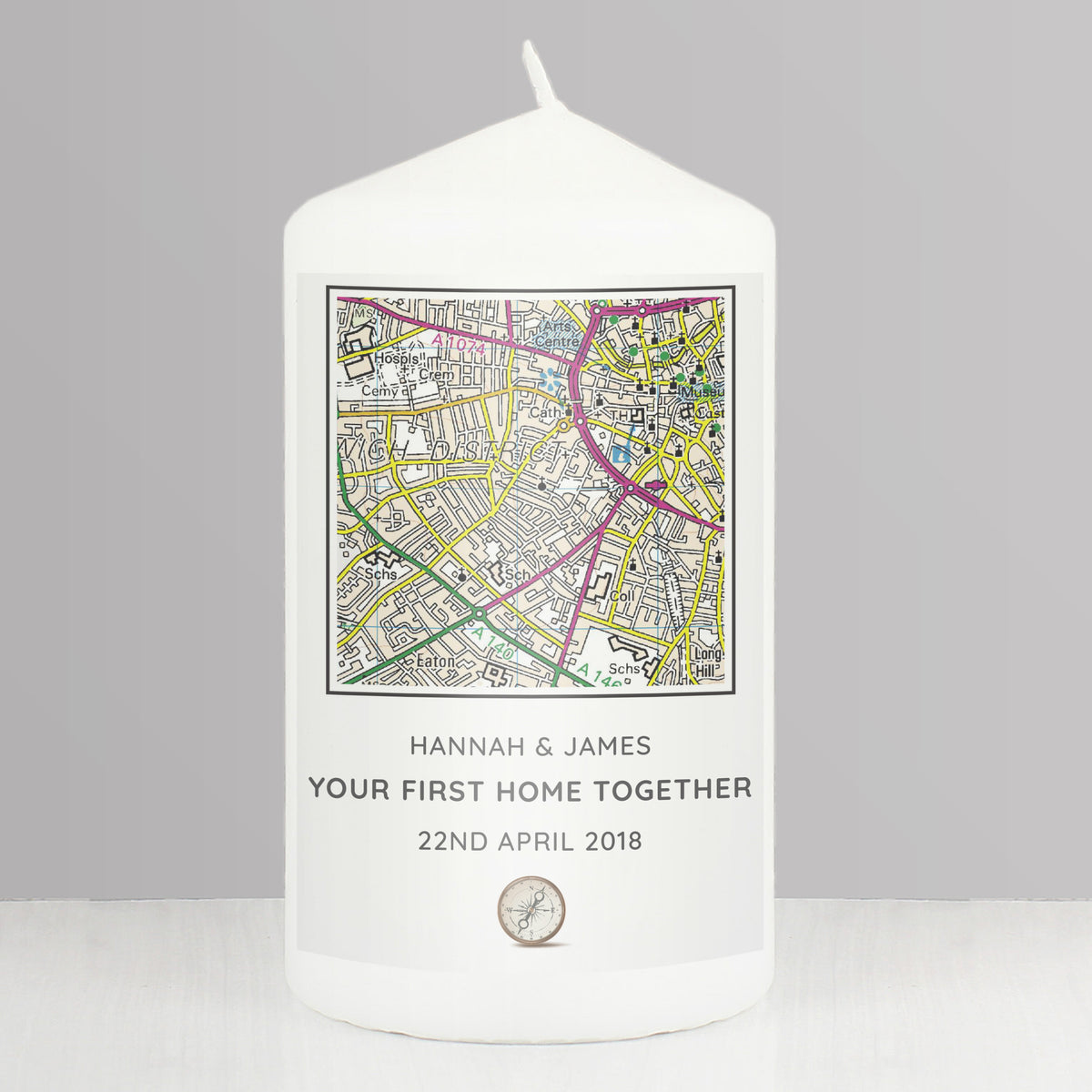 Personalised Present Day Map Compass Pillar Candle - image 3