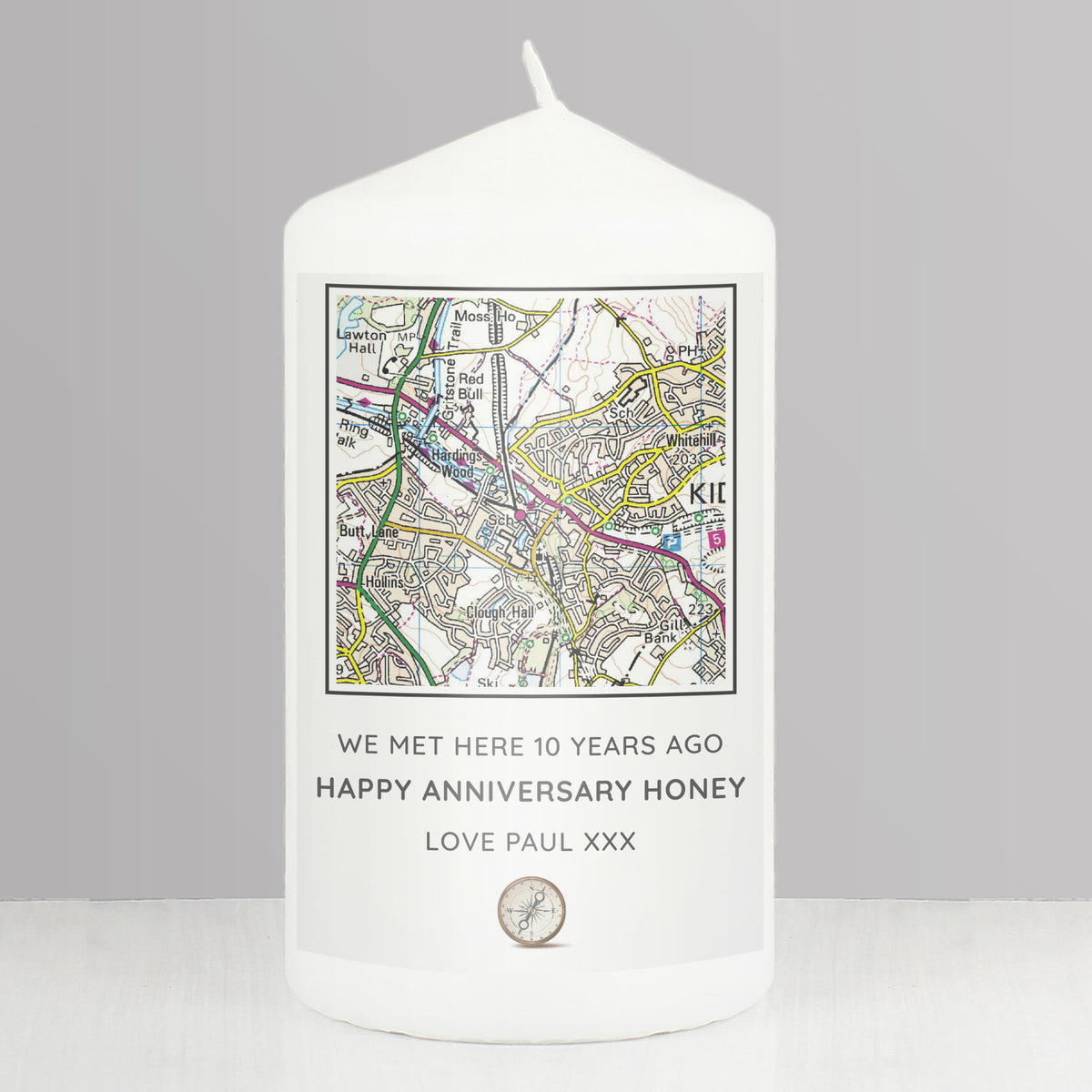 Personalised Present Day Map Compass Pillar Candle - image 4