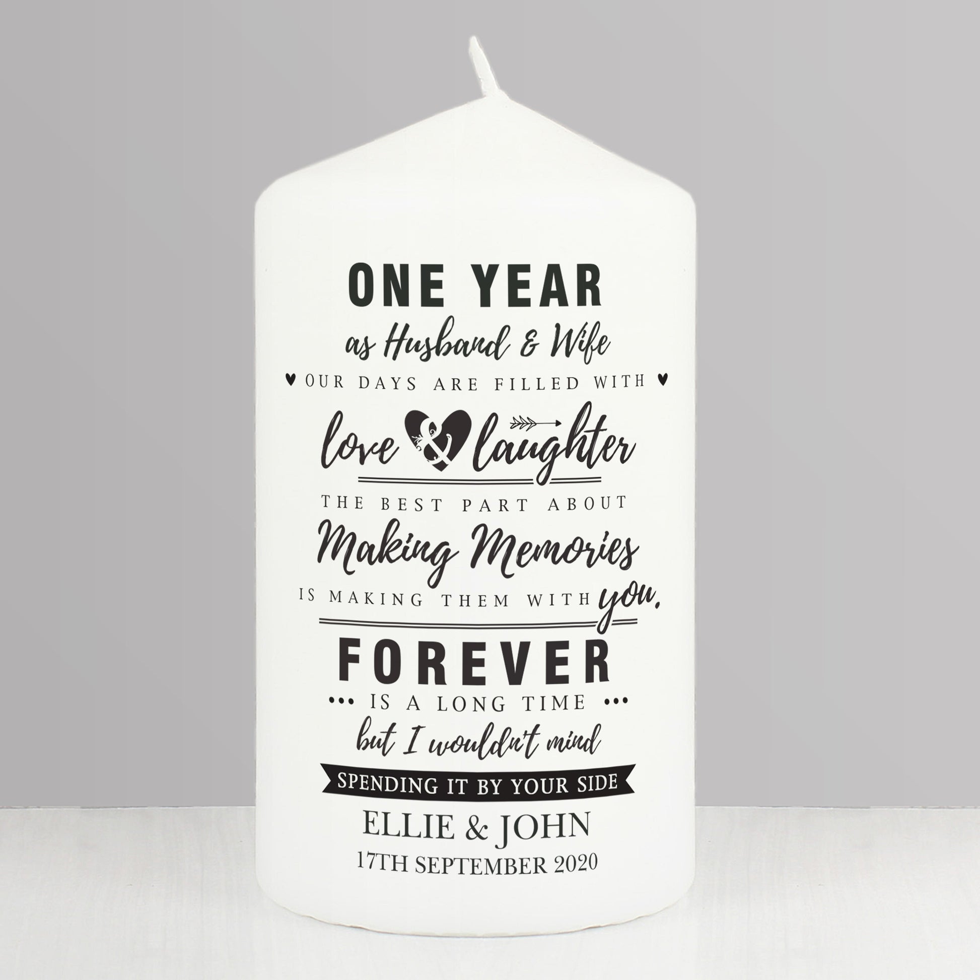 Personalised Typography Anniversary Pillar Candle from Heartfelt Gifts