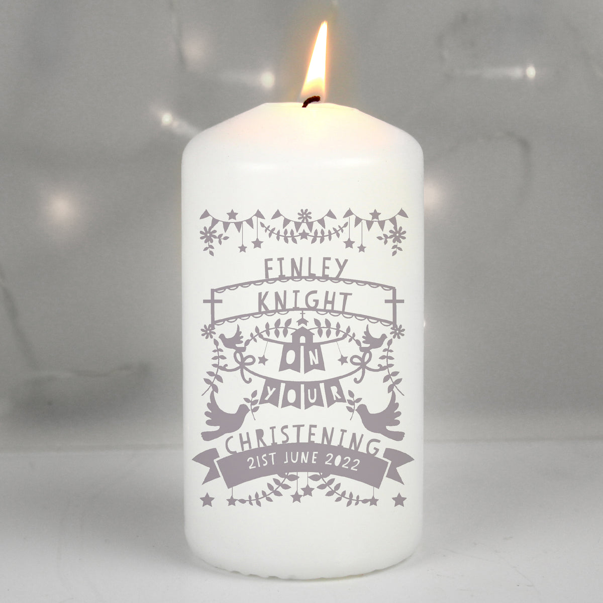 Personalised Grey Papercut Style Pillar Candle from Heartfelt Gifts