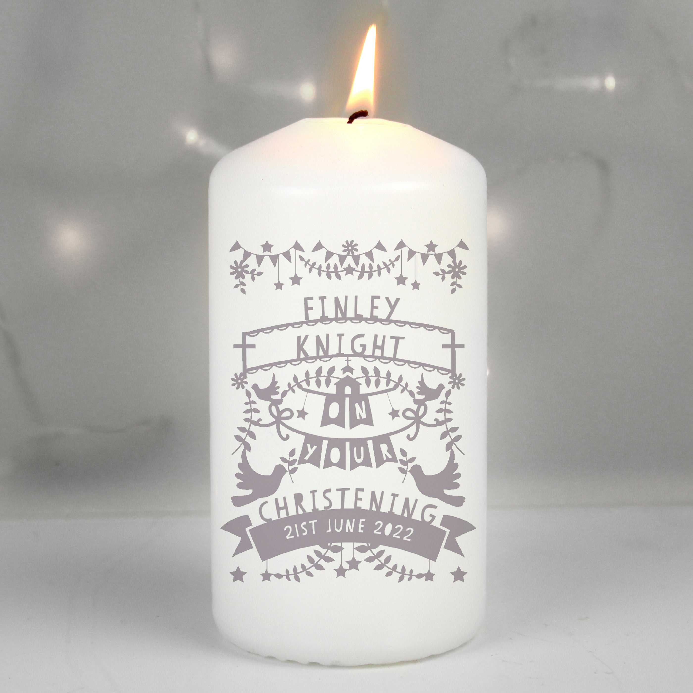 Personalised Grey Papercut Style Pillar Candle from Heartfelt Gifts