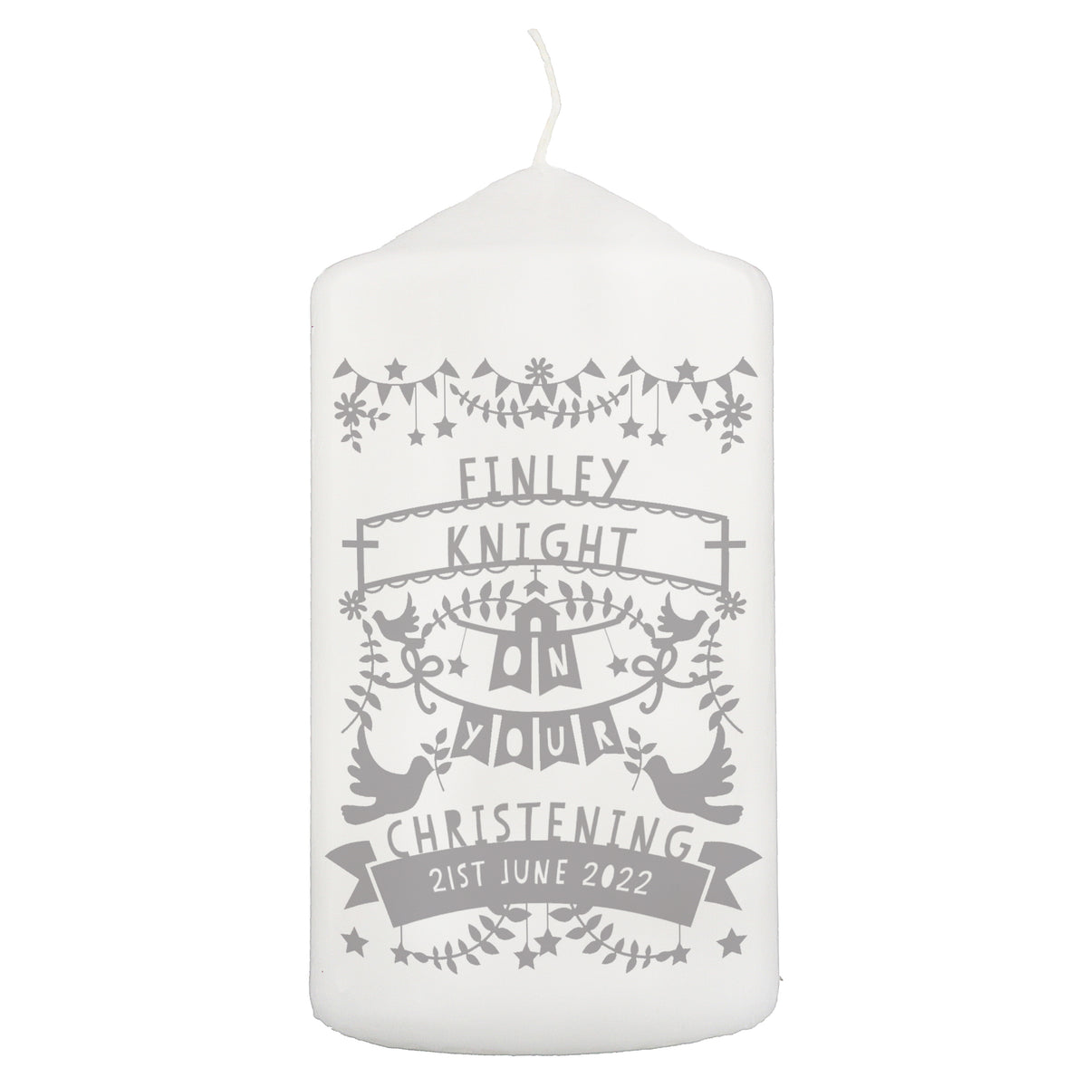 Personalised Grey Papercut Style Pillar Candle - image 2