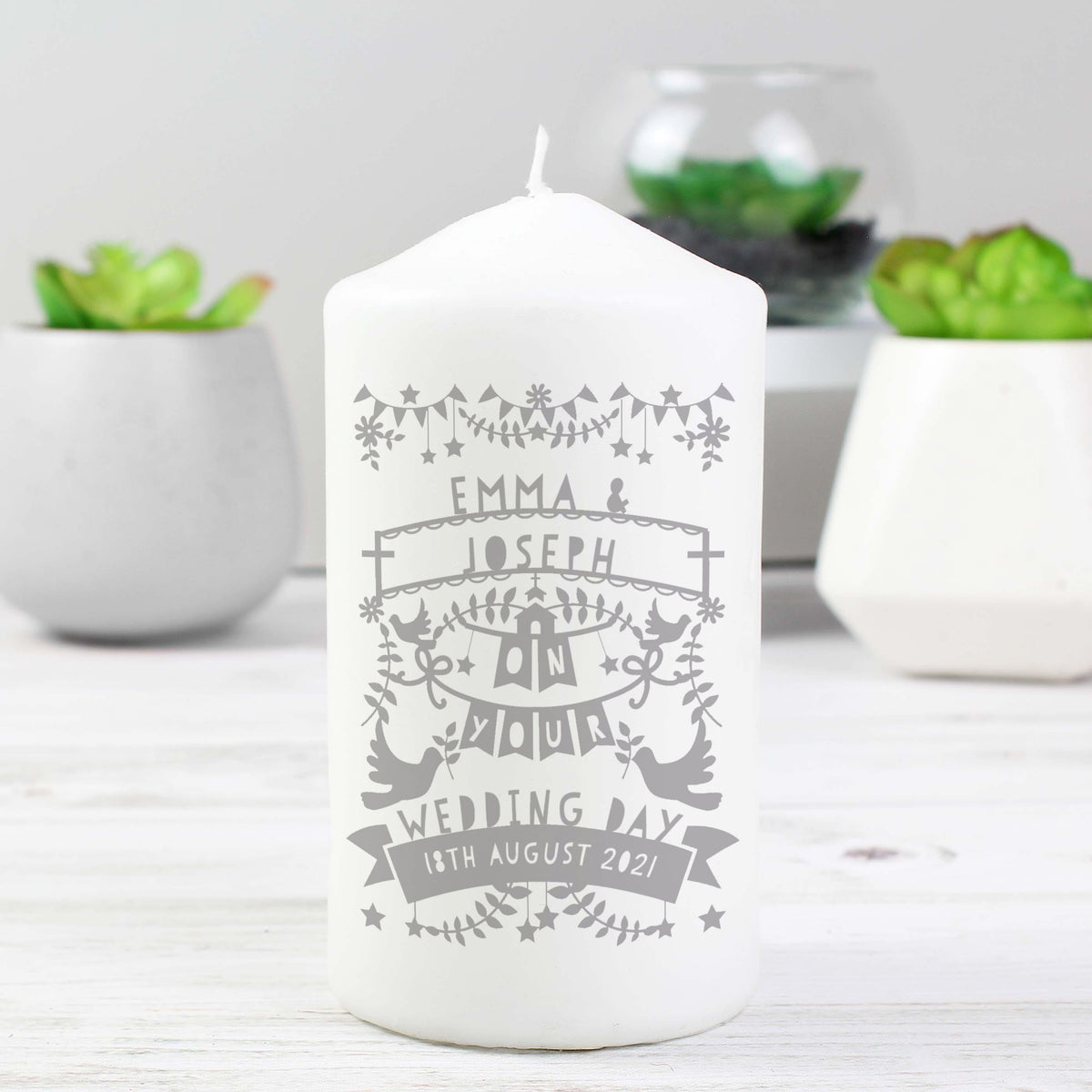 Personalised Grey Papercut Style Pillar Candle - image 4