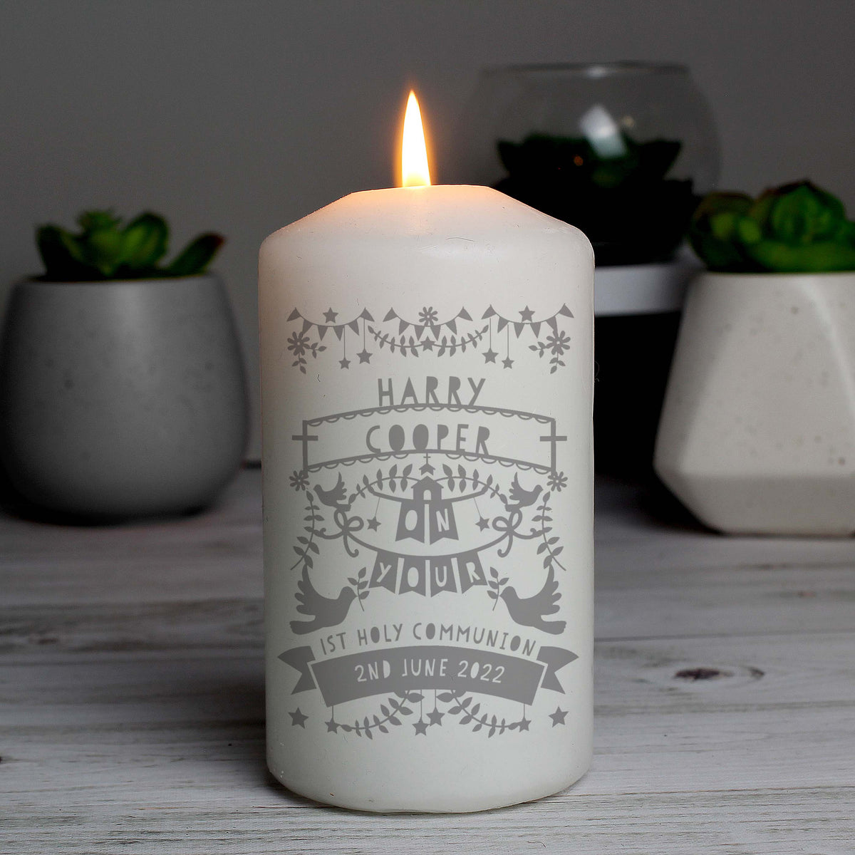 Personalised Grey Papercut Style Pillar Candle - image 5