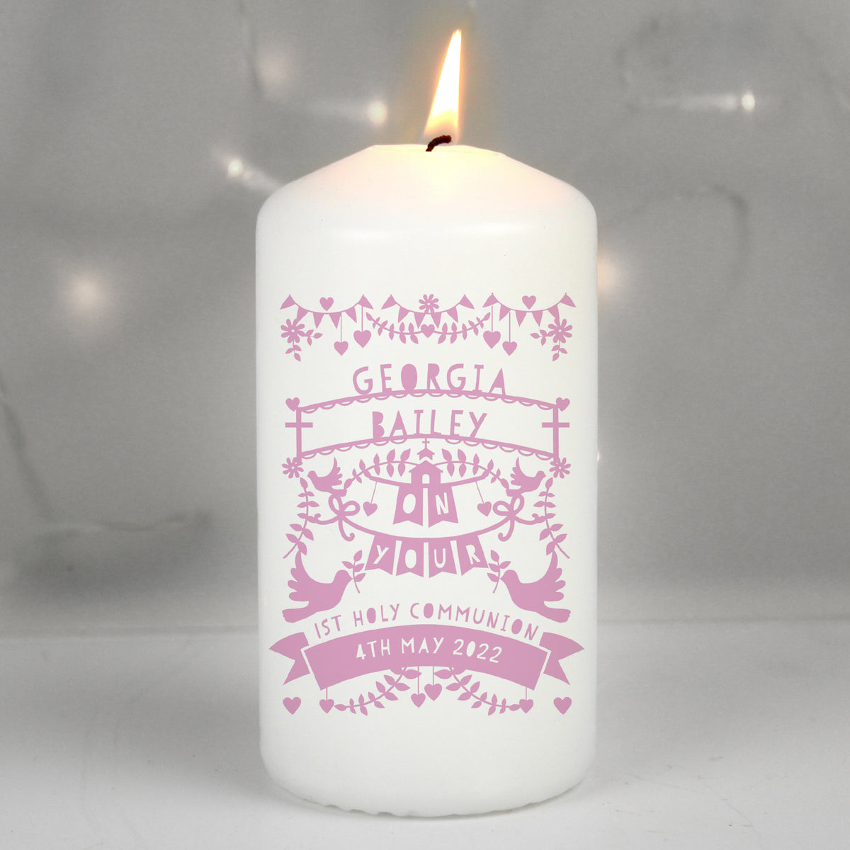 Personalised Pink Papercut Style Pillar Candle from Heartfelt Gifts