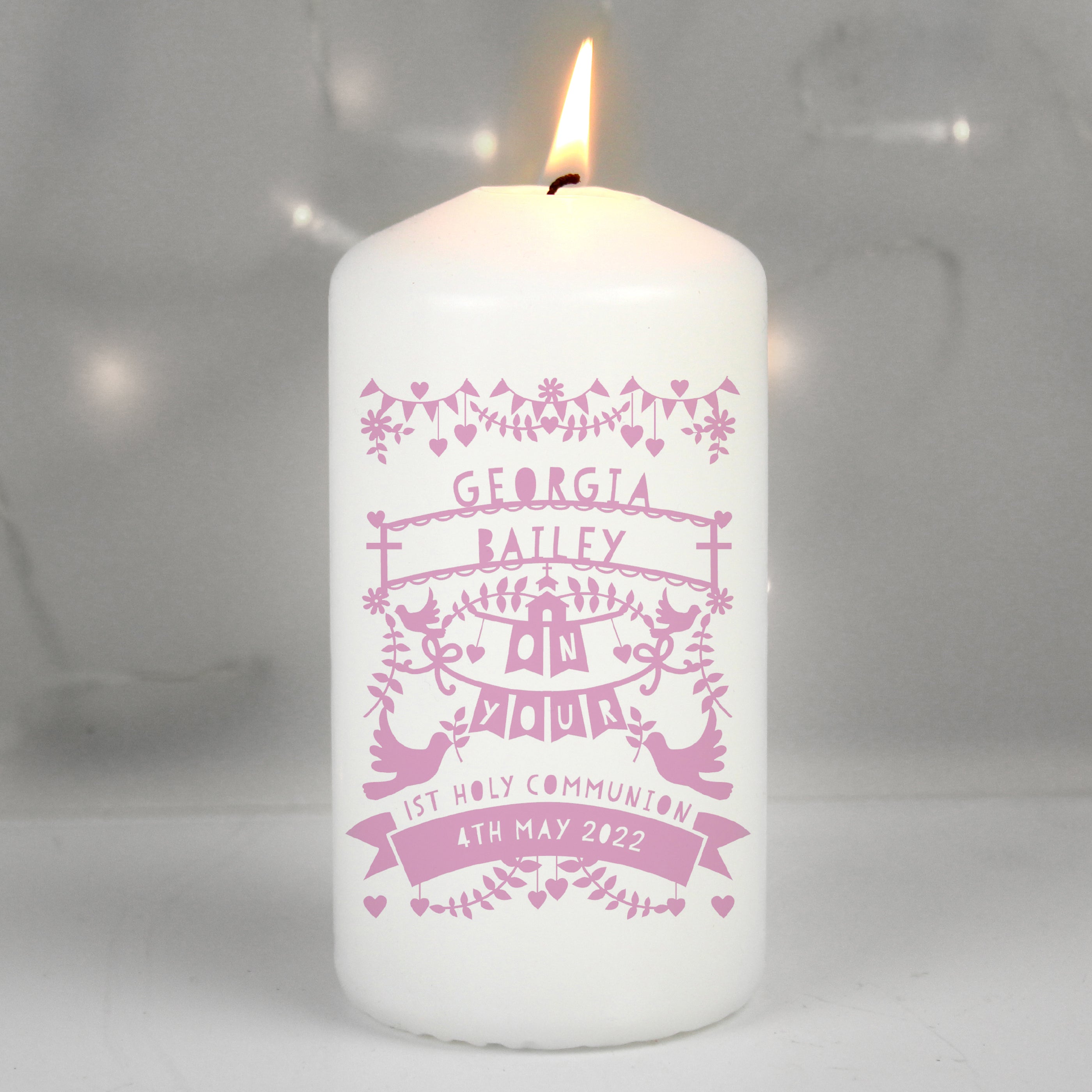 Personalised Pink Papercut Style Pillar Candle from Heartfelt Gifts